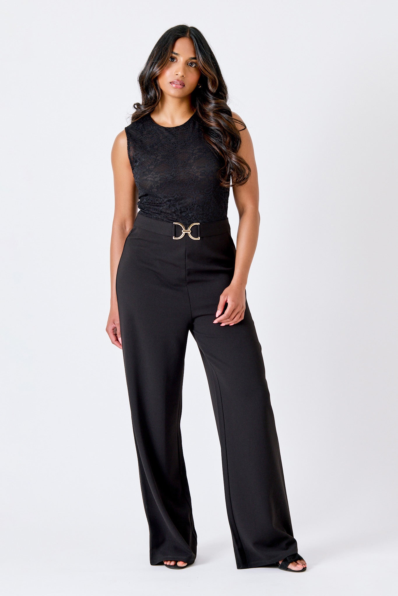 Lace &amp; Stretch Crepe Belted Jumpsuit