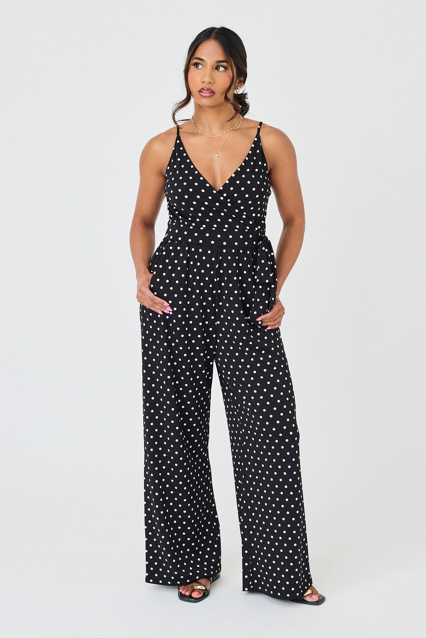 Polka Dot Crossover Side Tie Jumpsuit