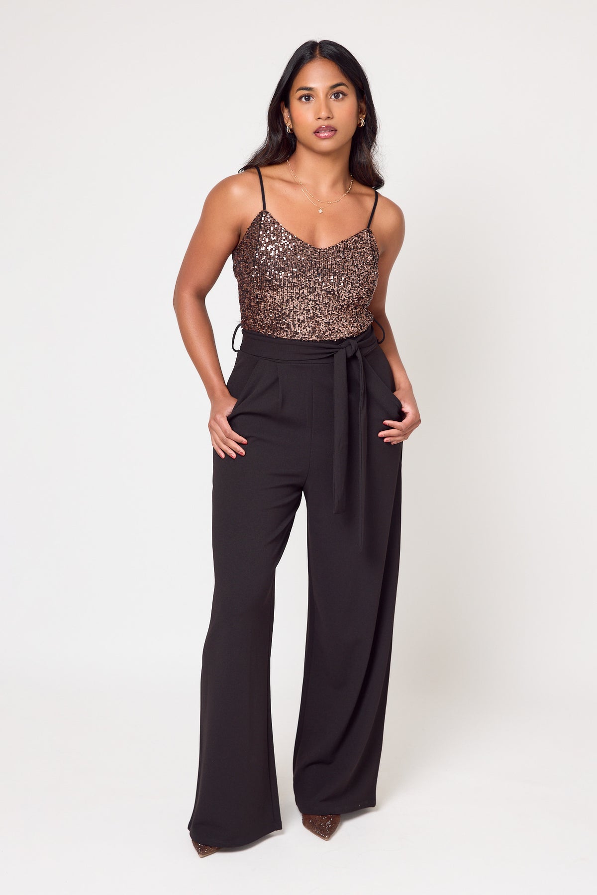 Sequin Top Stretch Crepe Spaghetti Strap Wide Leg Jumpsuit