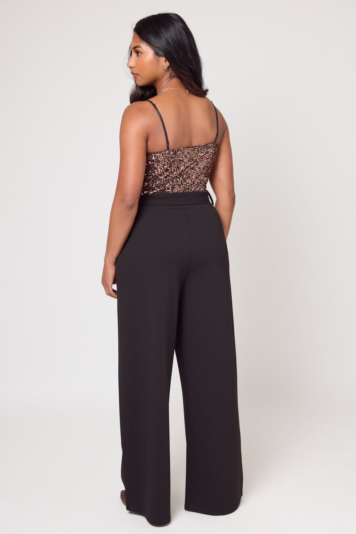 Sequin Top Stretch Crepe Spaghetti Strap Wide Leg Jumpsuit