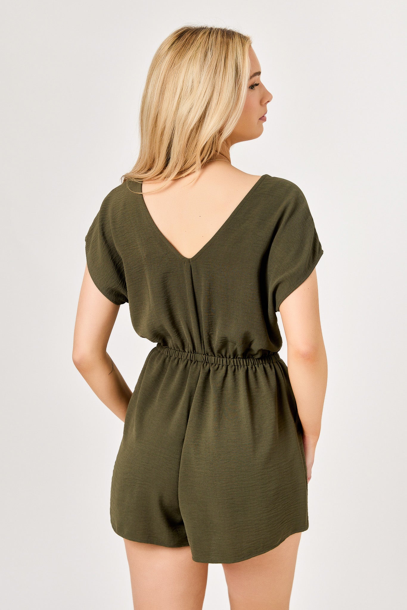 Dolman-Sleeve V-Neck Romper with Tie-Front Detail