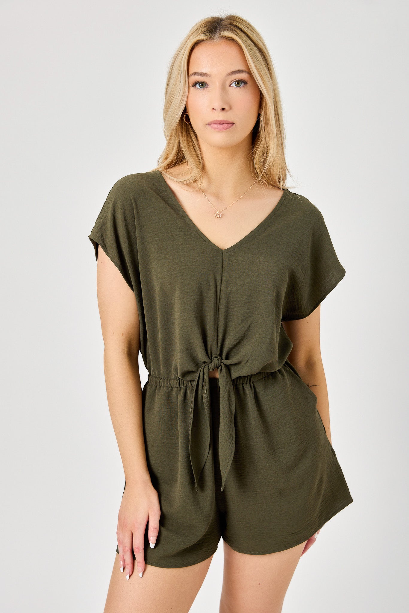 Dolman-Sleeve V-Neck Romper with Tie-Front Detail