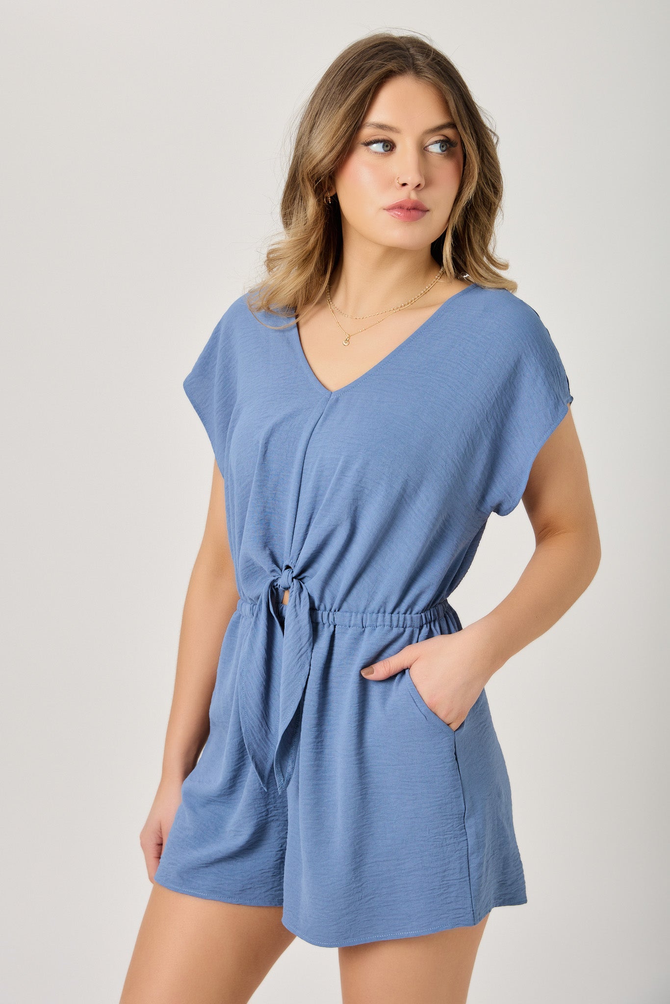 Dolman-Sleeve V-Neck Romper with Tie-Front Detail