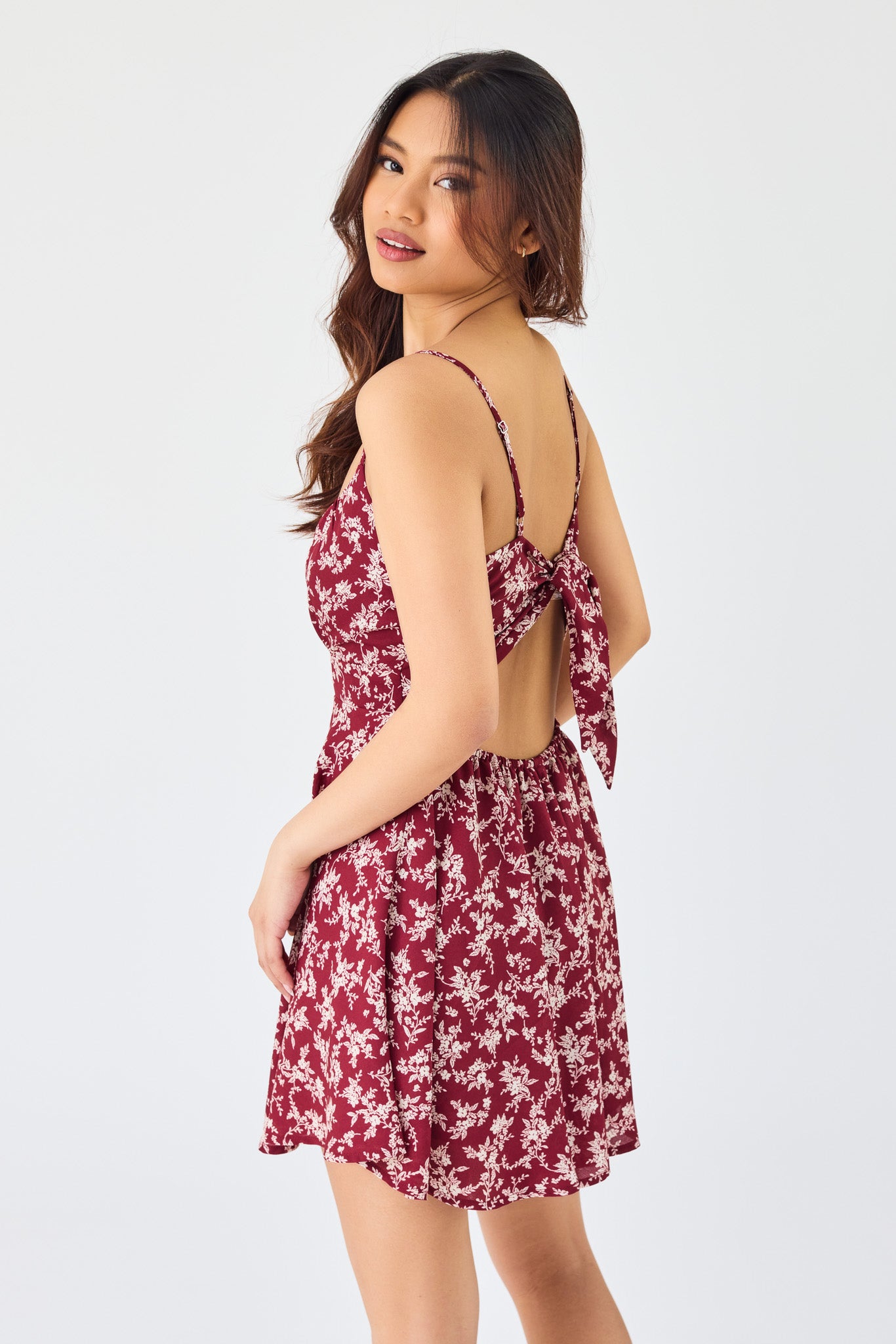 Ditsy Print Spaghetti-Strap Romper with Tie-Back