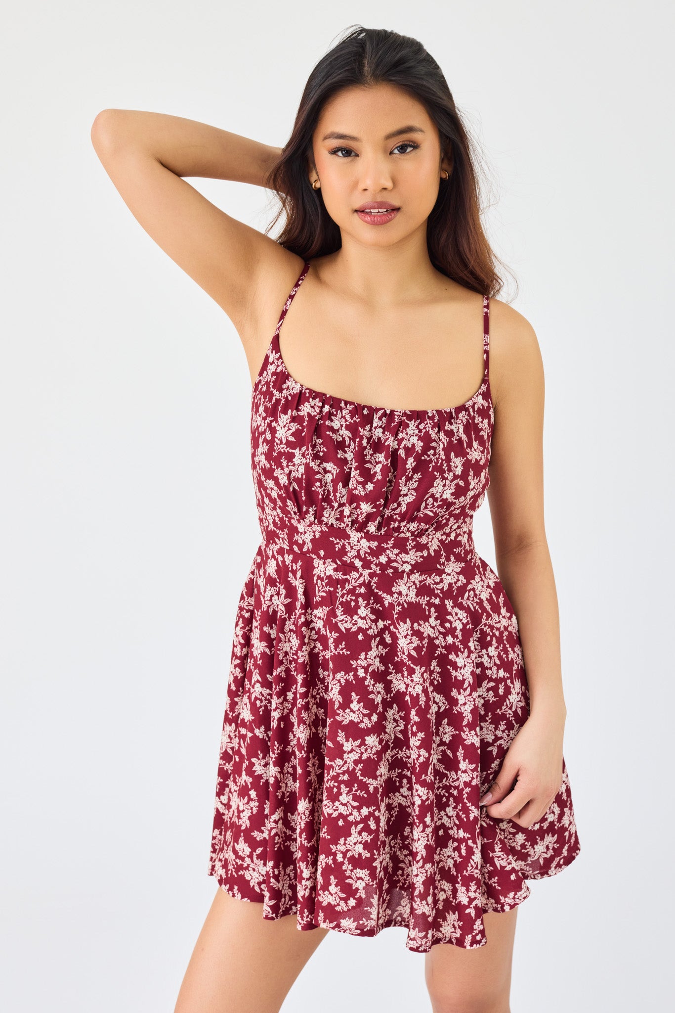 Ditsy Print Spaghetti-Strap Romper with Tie-Back