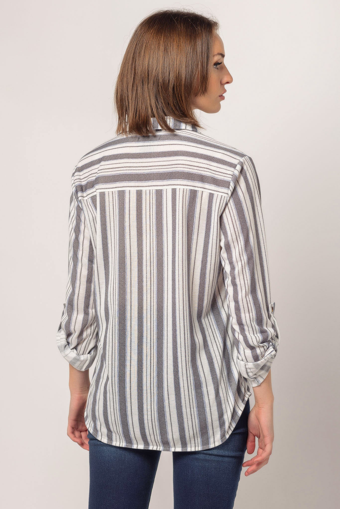Stripe Knit One-Pocket Shirt with Roll-Up Sleeves