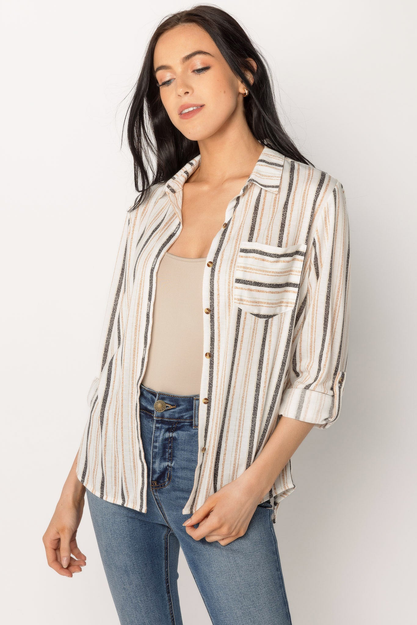 Ivory & Beige Stripe Knit Button-Up Shirt