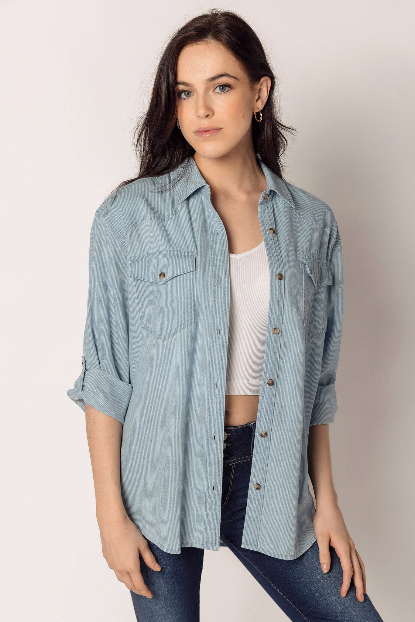 Pinstripe Denim Shirt with Roll-Up Sleeves