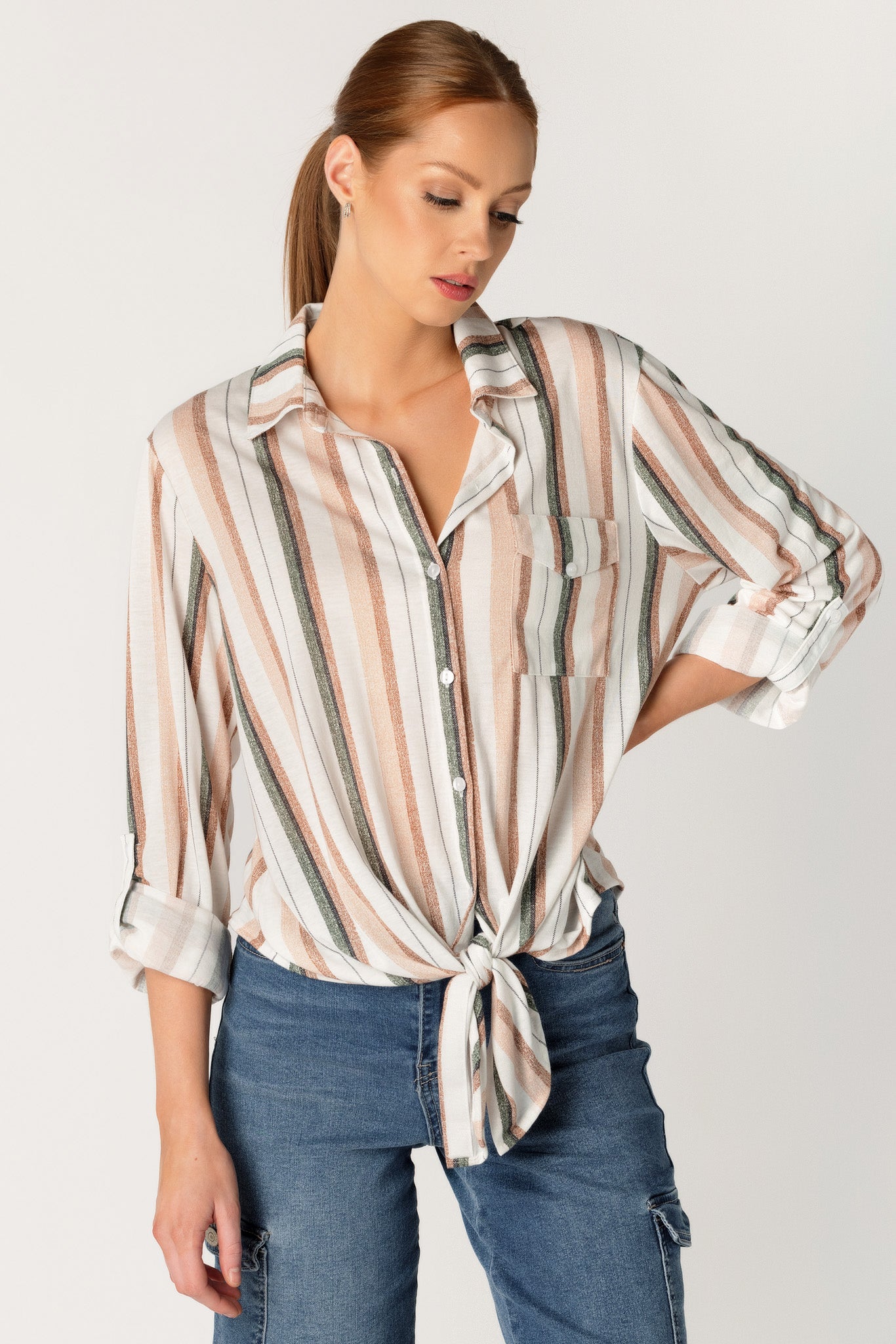 Stripe Shirt with Chest Pocket and Tie-Front