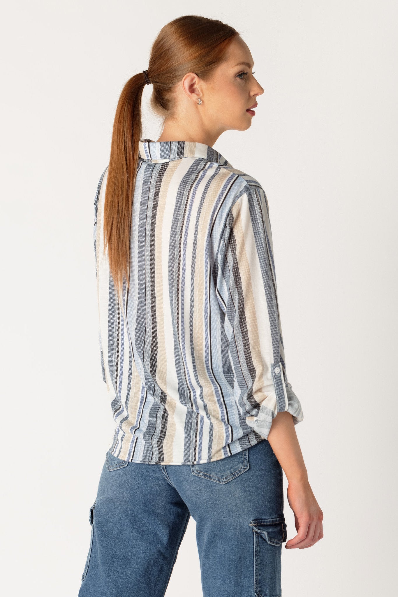 Tie-Front Stripe Shirt with Chest Pocket