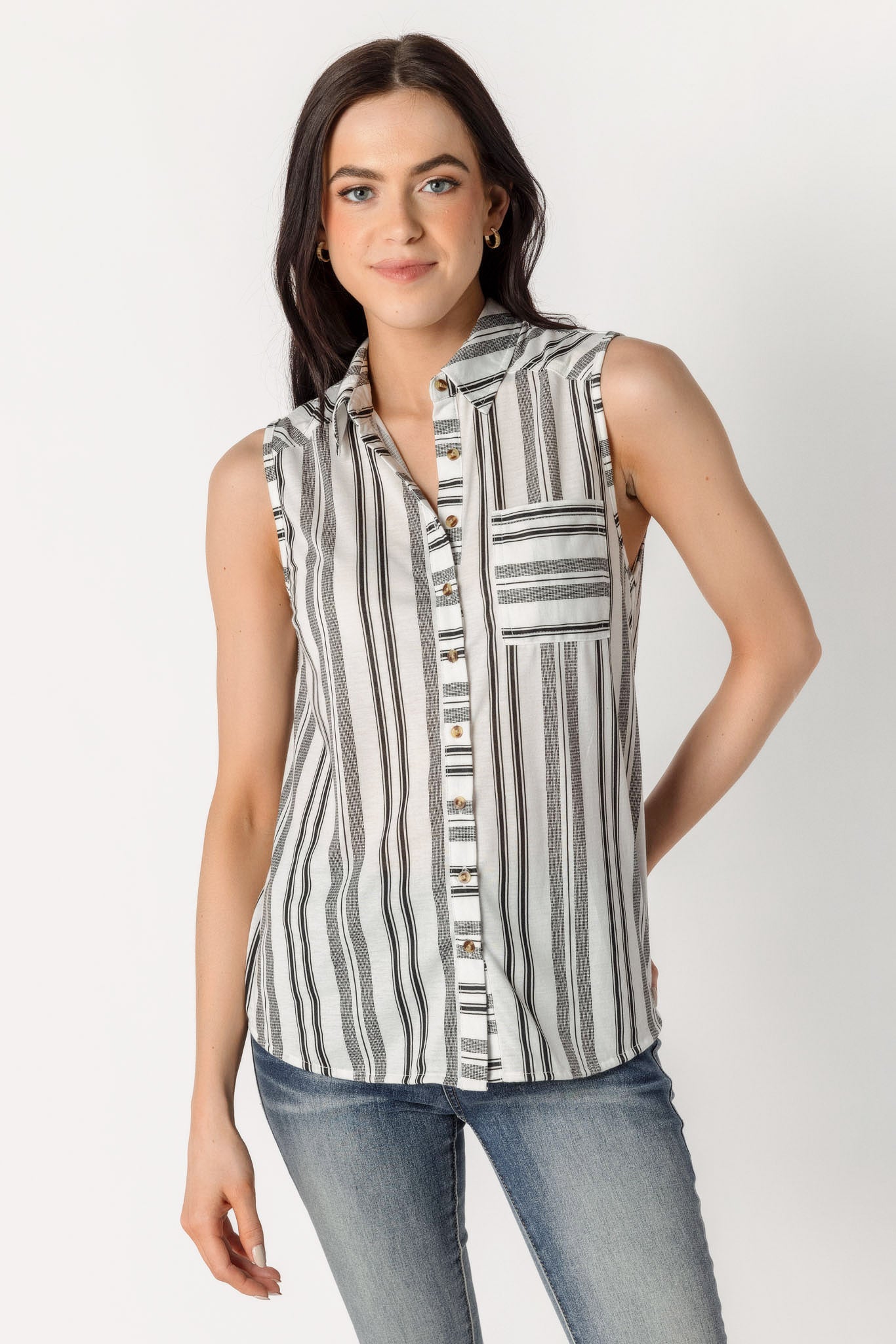 Black &amp; White Stripe Sleeveless Shirt