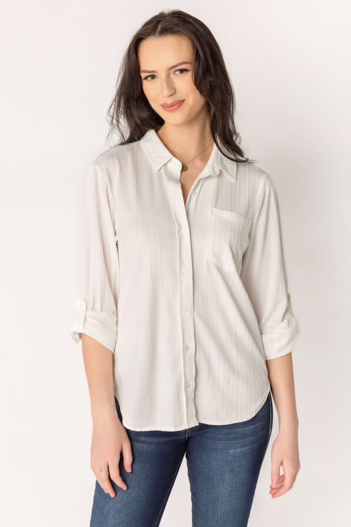 Relaxed Fit Textured Roll Tab-Sleeve Shirt