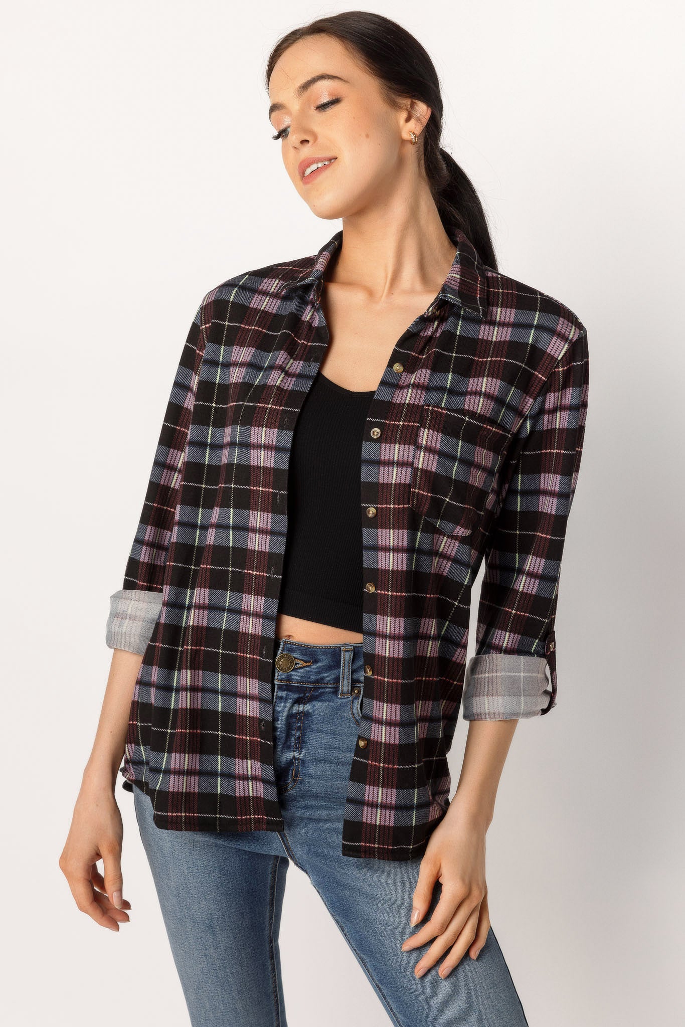 Purple Plaid Roll Tab-Sleeve Shirt