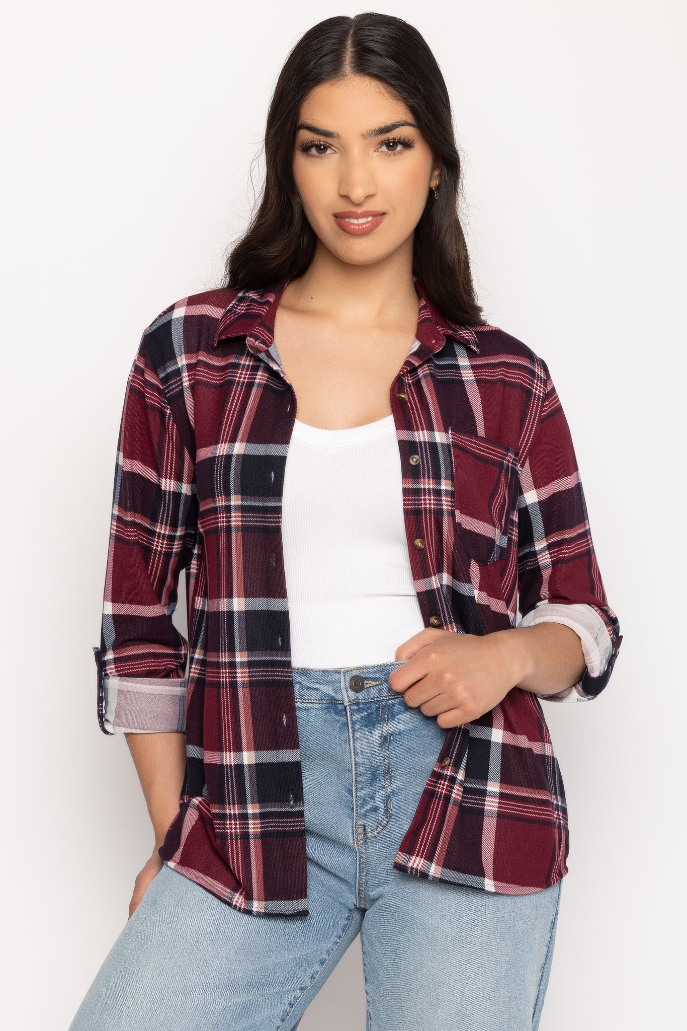 Cozy Plaid Shirt with Roll-Up Sleeves in Cranberry