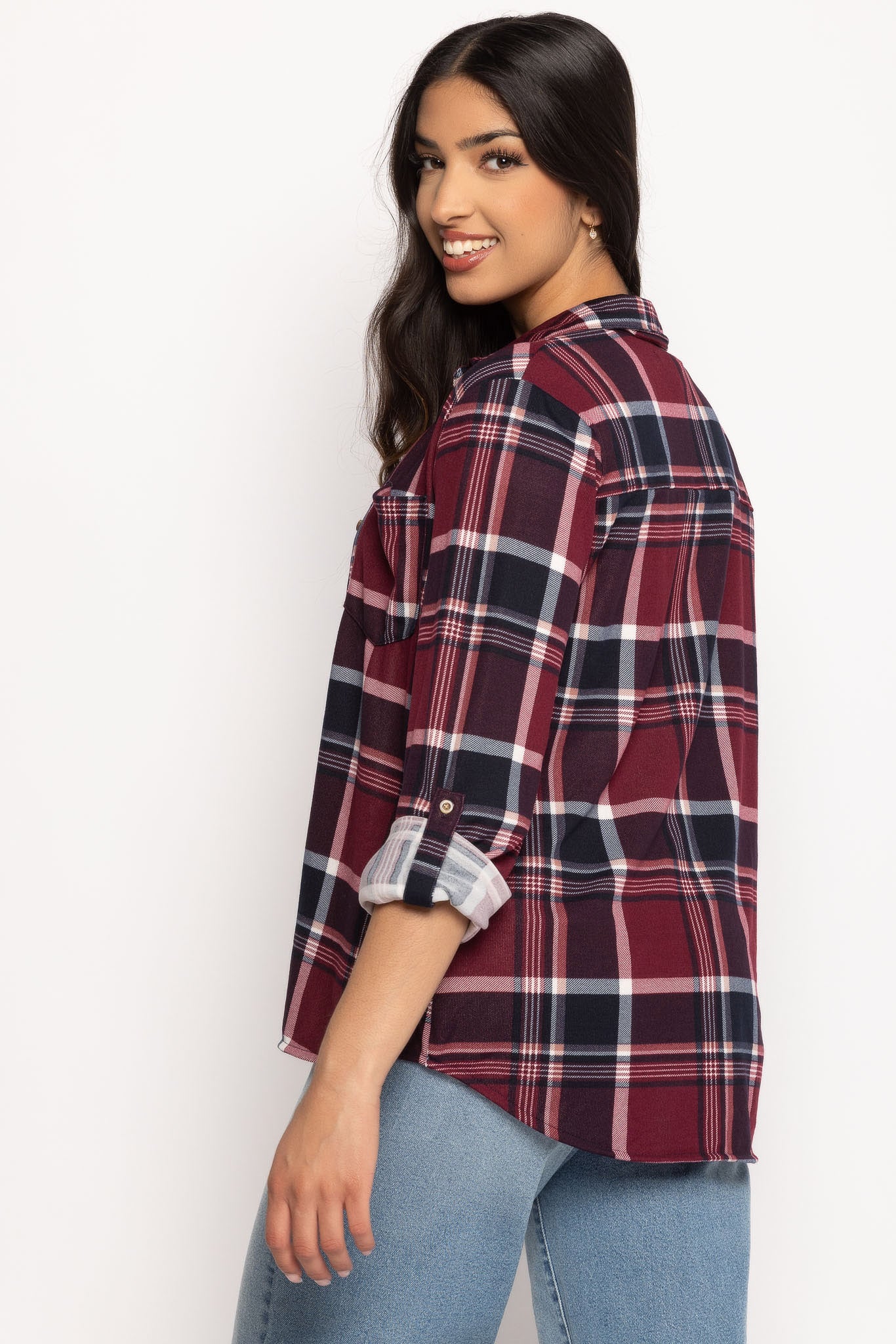 Cozy Plaid Shirt with Roll-Up Sleeves in Cranberry