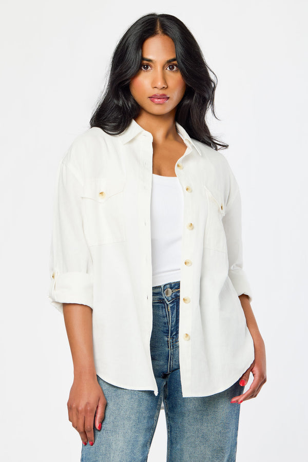 Cotton Twill Button-Up Shirt with Roll-Up Sleeves