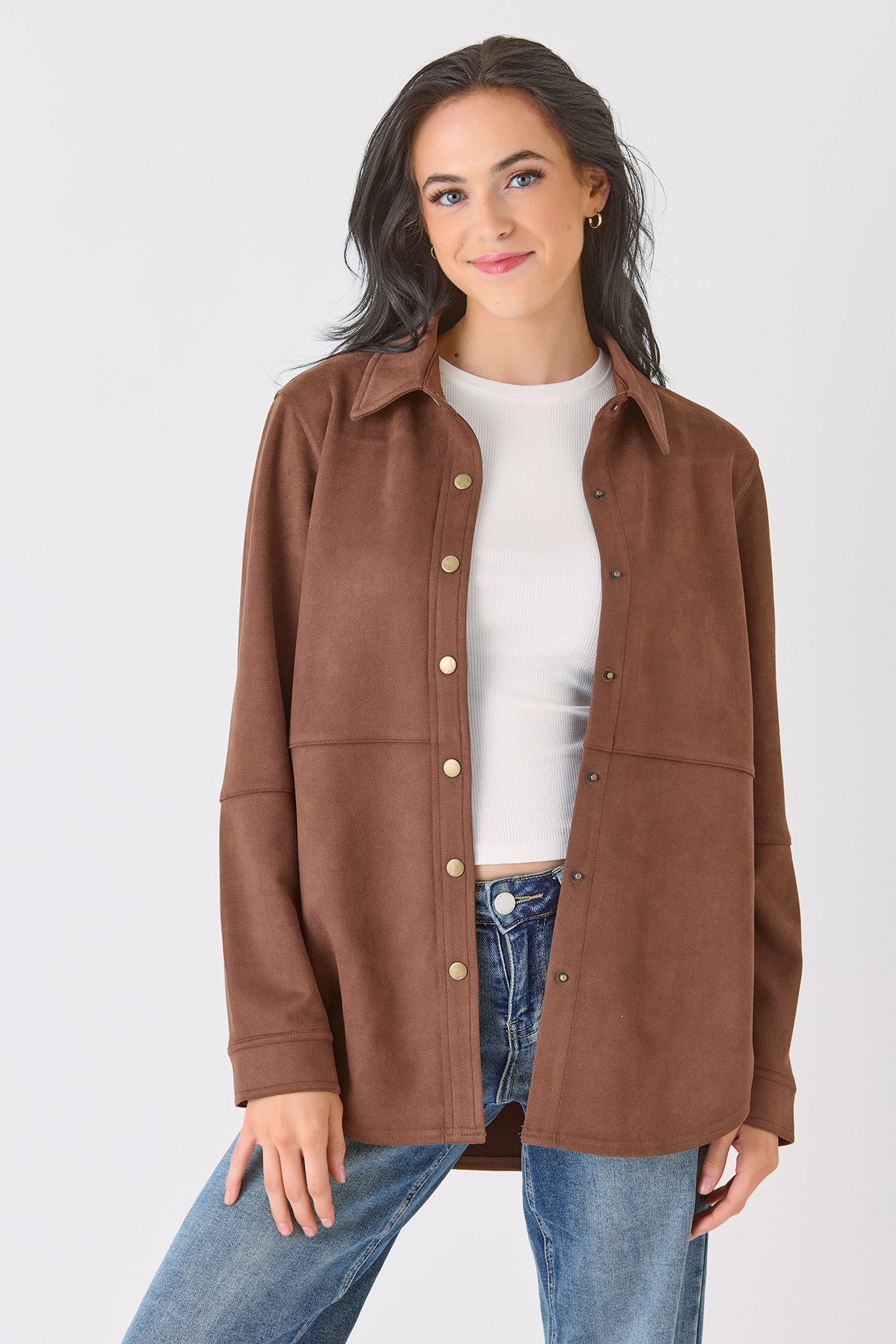 Sueded Snap-Front Shirt with Seam Detail