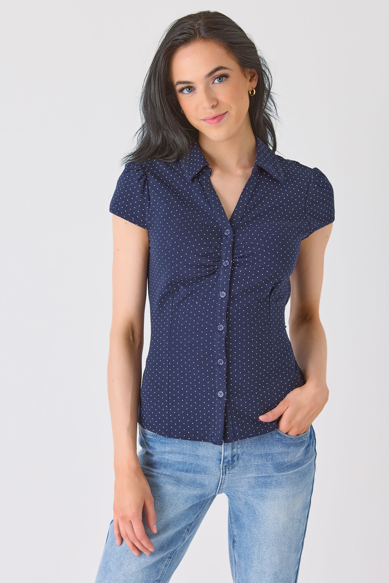 Polka Dot Cotton Blend Cap Sleeve Button-Front Shirt with Tie-Back