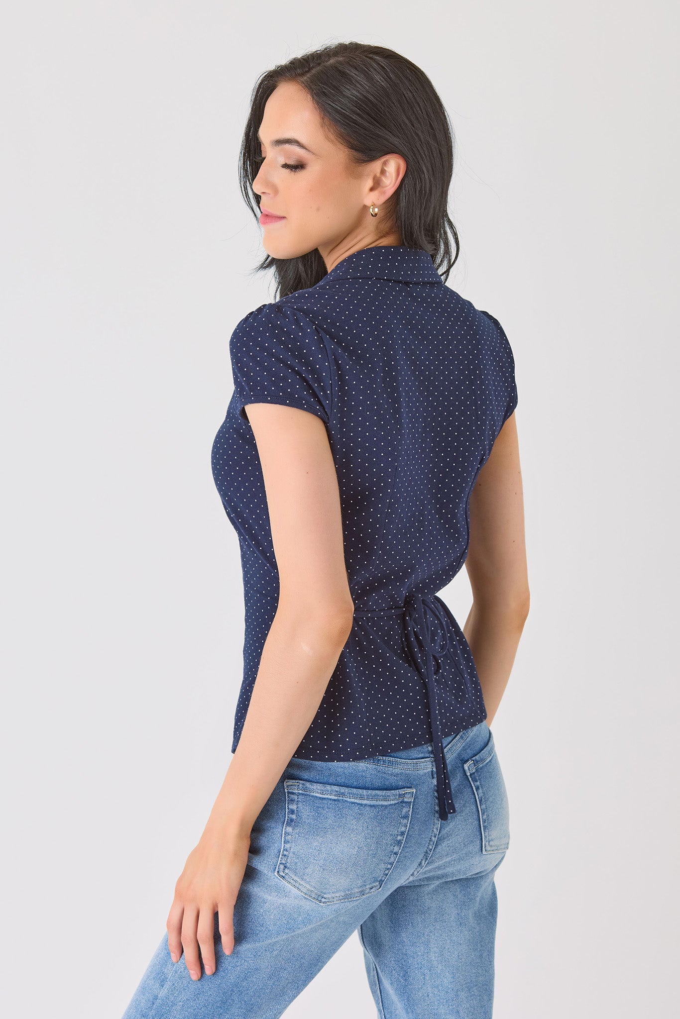 Polka Dot Cotton Blend Cap Sleeve Button-Front Shirt with Tie-Back