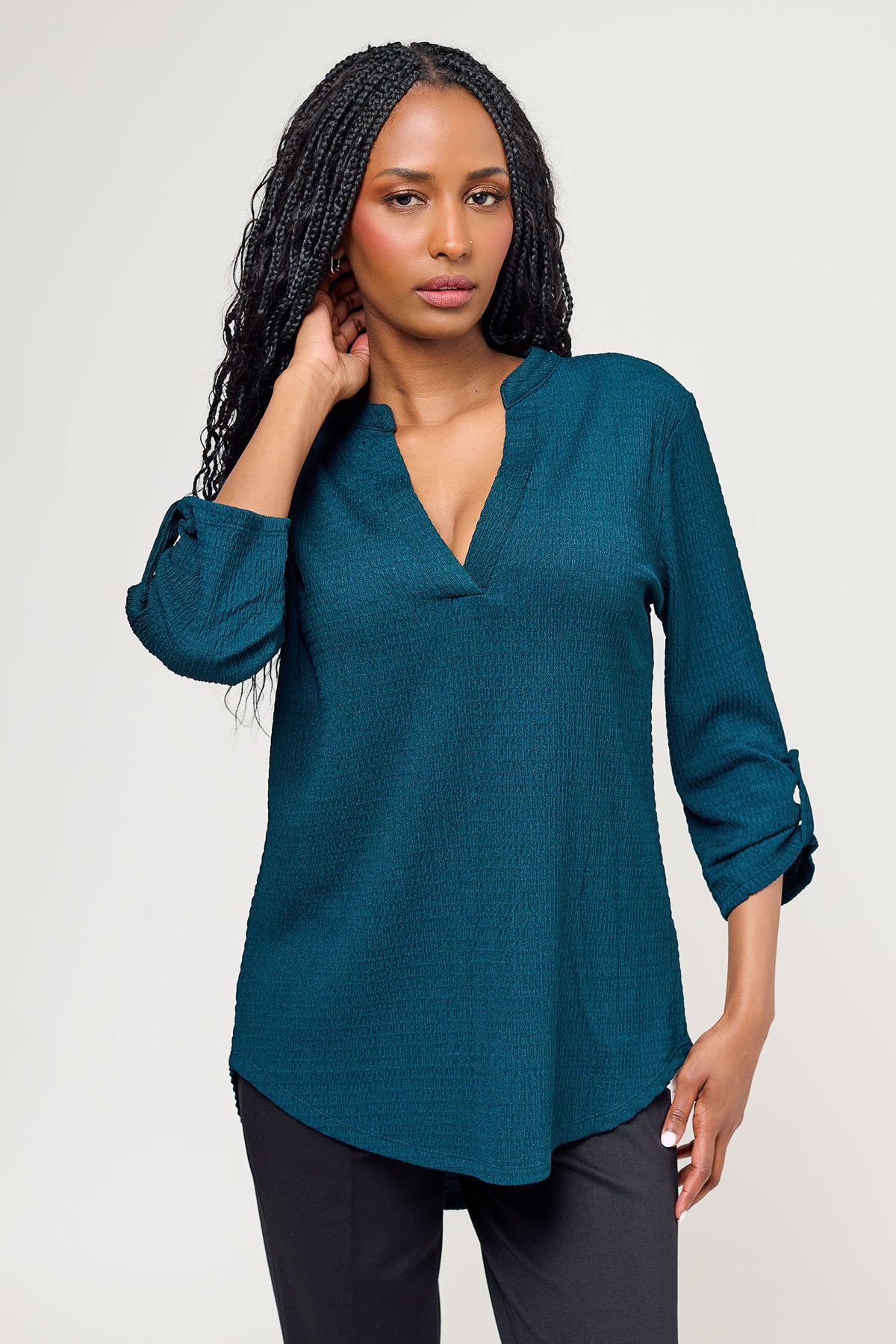 Textured V-Neck Blouse with Roll Tab sleeves