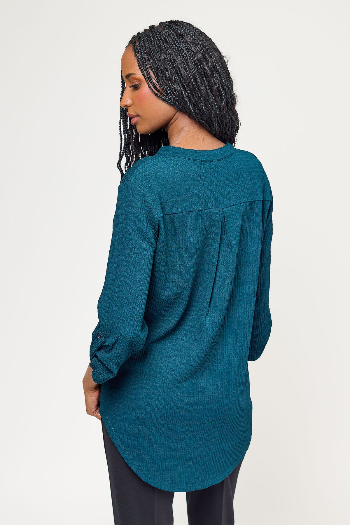 Textured V-Neck Blouse with Roll Tab sleeves