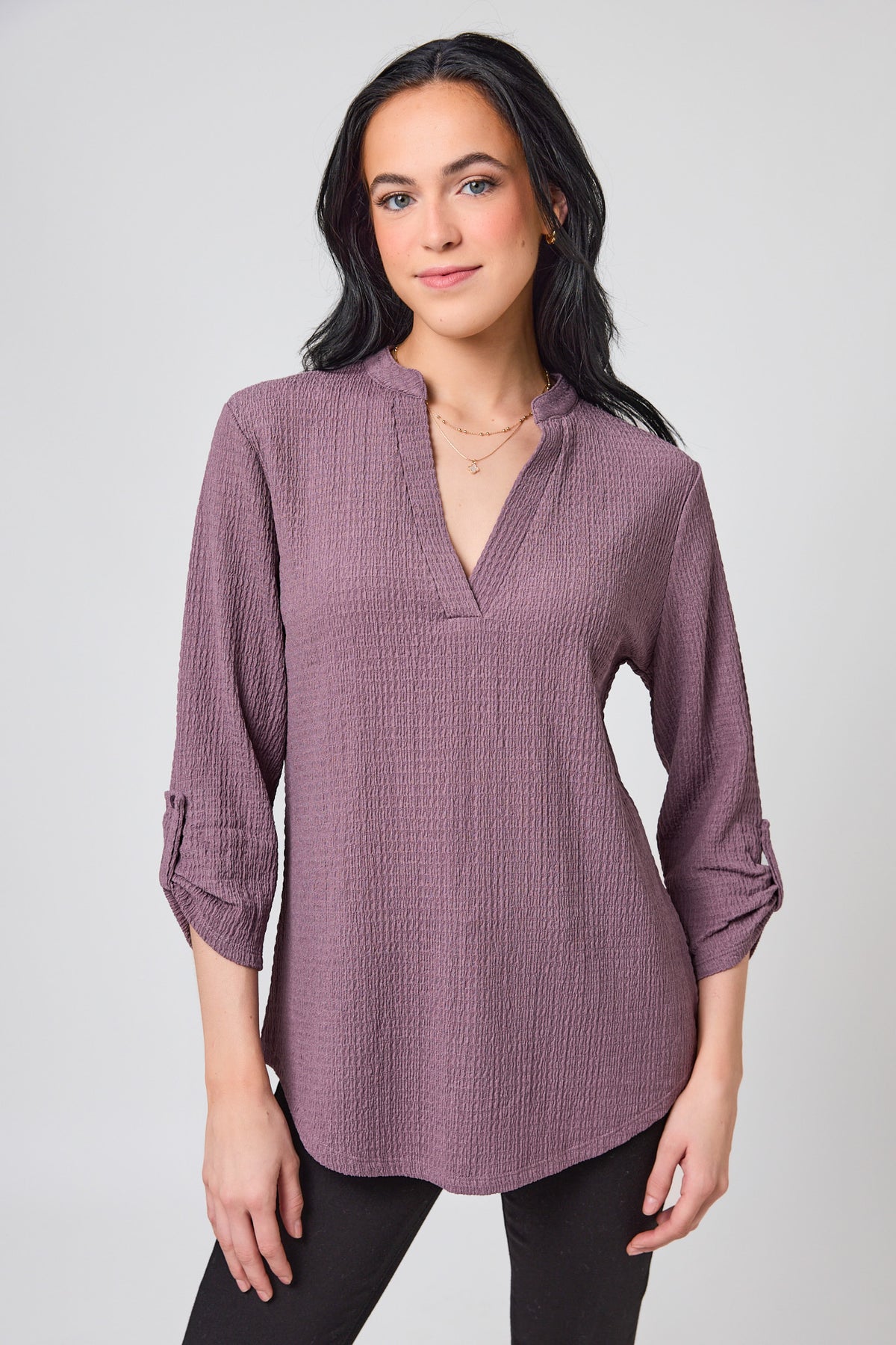 Textured V-Neck Blouse with Roll Tab sleeves
