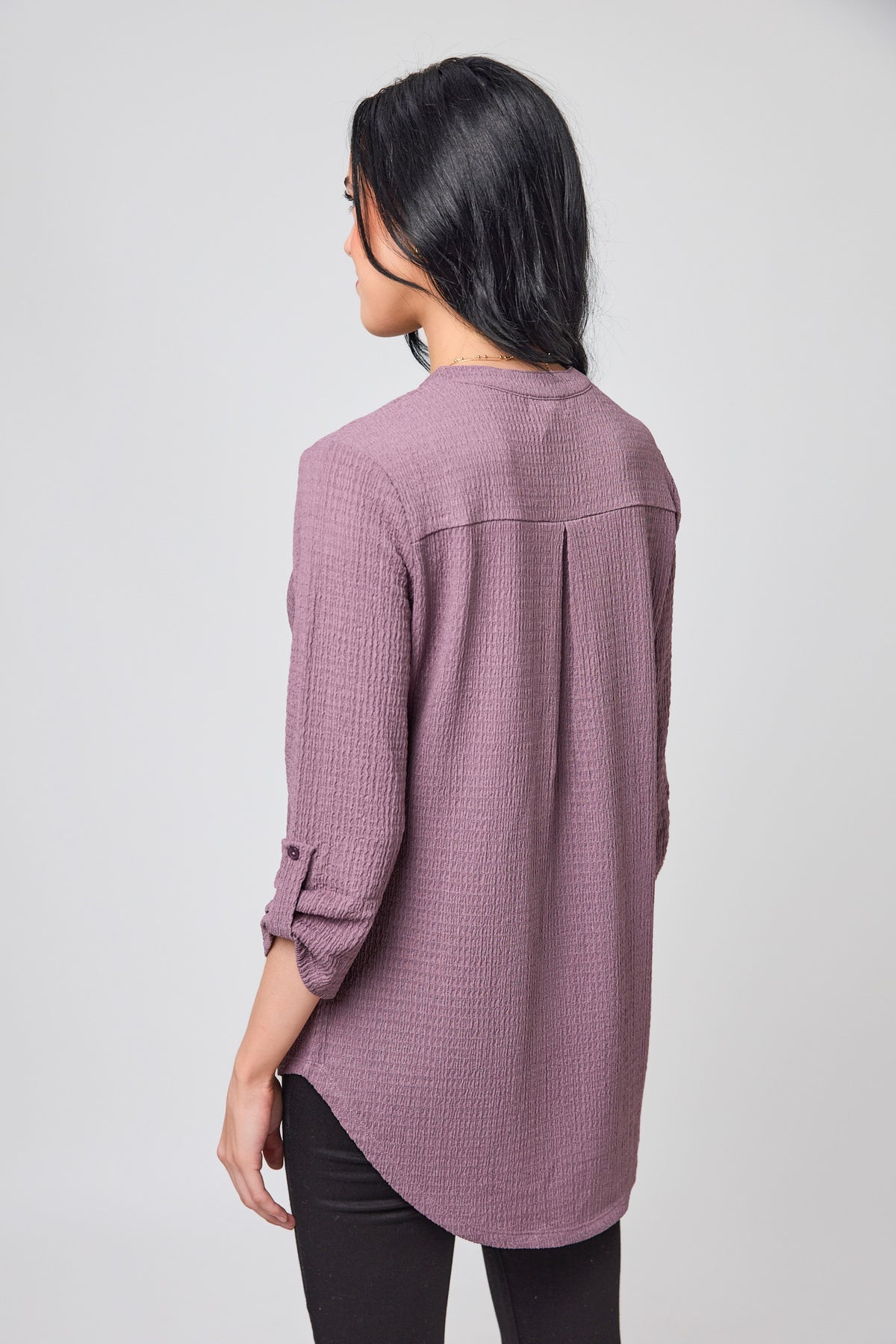 Textured V-Neck Blouse with Roll Tab sleeves