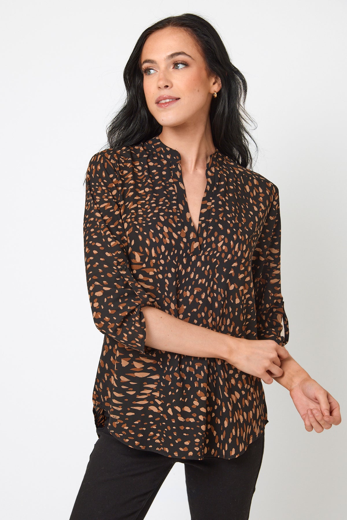 Abstract Print Blouse with Half-length Roll-Up sleeves