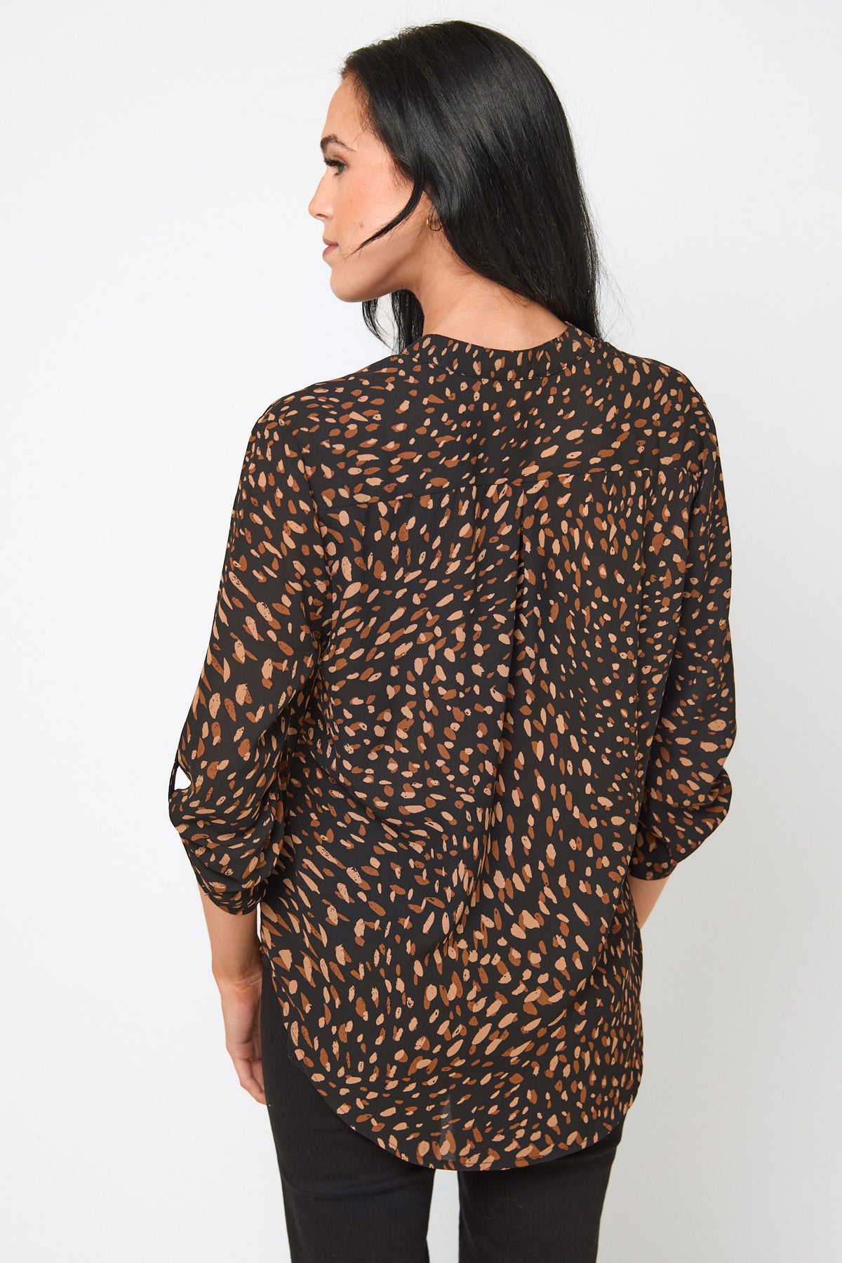 Abstract Print Blouse with Half-length Roll-Up sleeves