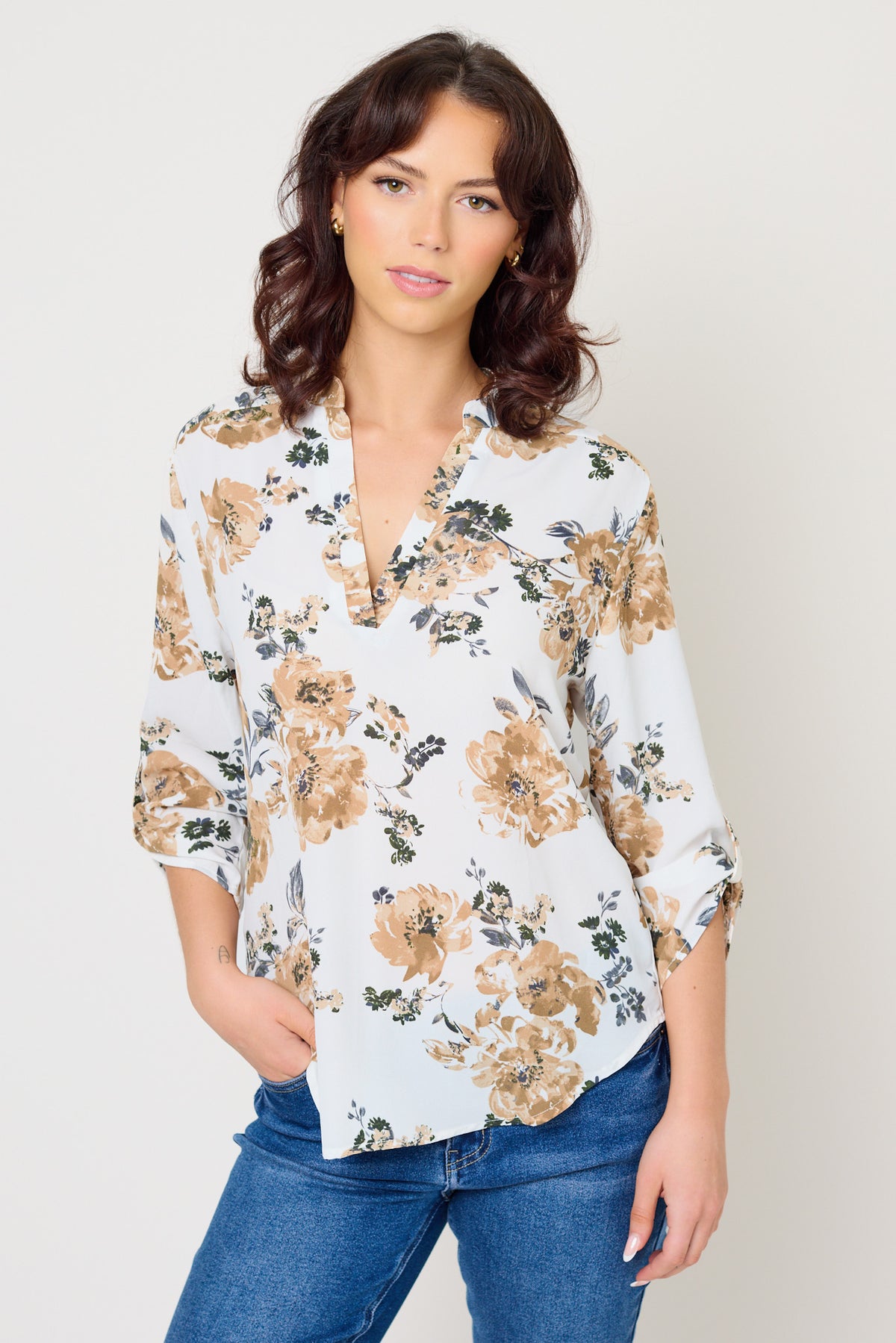 Abstact Print Blouse with Half-length Roll-Up sleeves