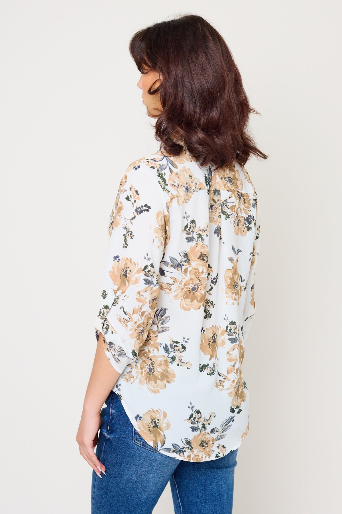 Abstact Print Blouse with Half-length Roll-Up sleeves