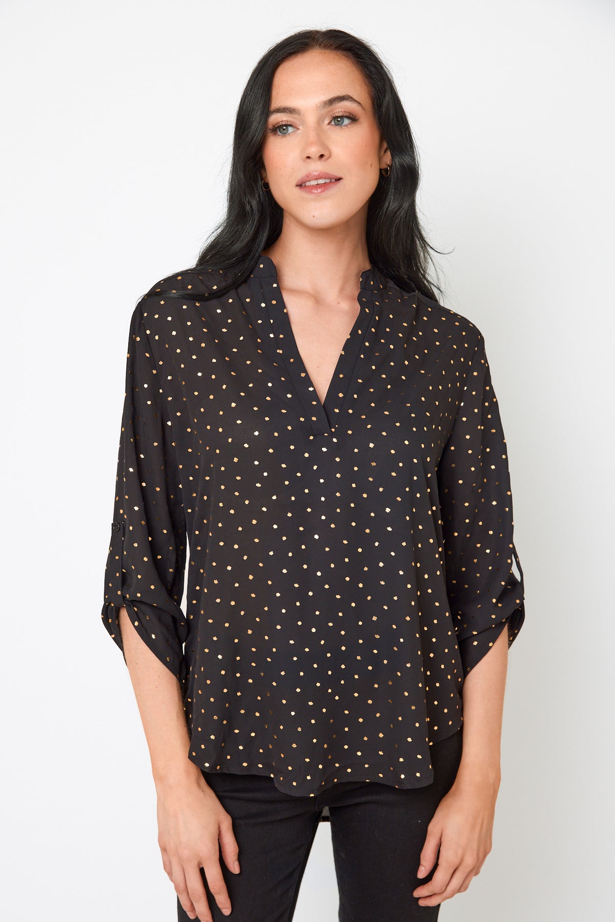 Metallic Polka Dot Roll-Up Sleeve Blouse