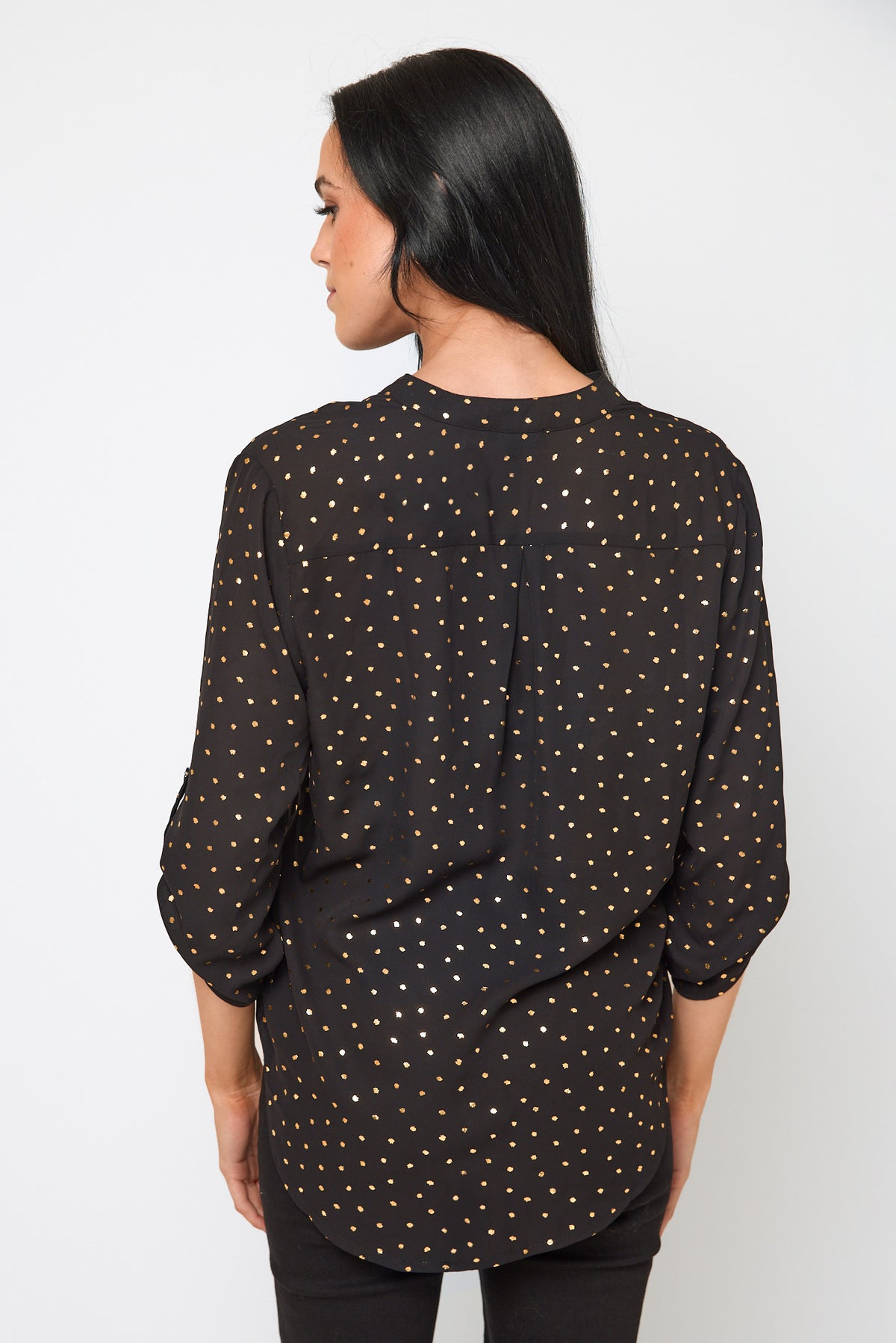 Metallic Polka Dot Roll-Up Sleeve Blouse