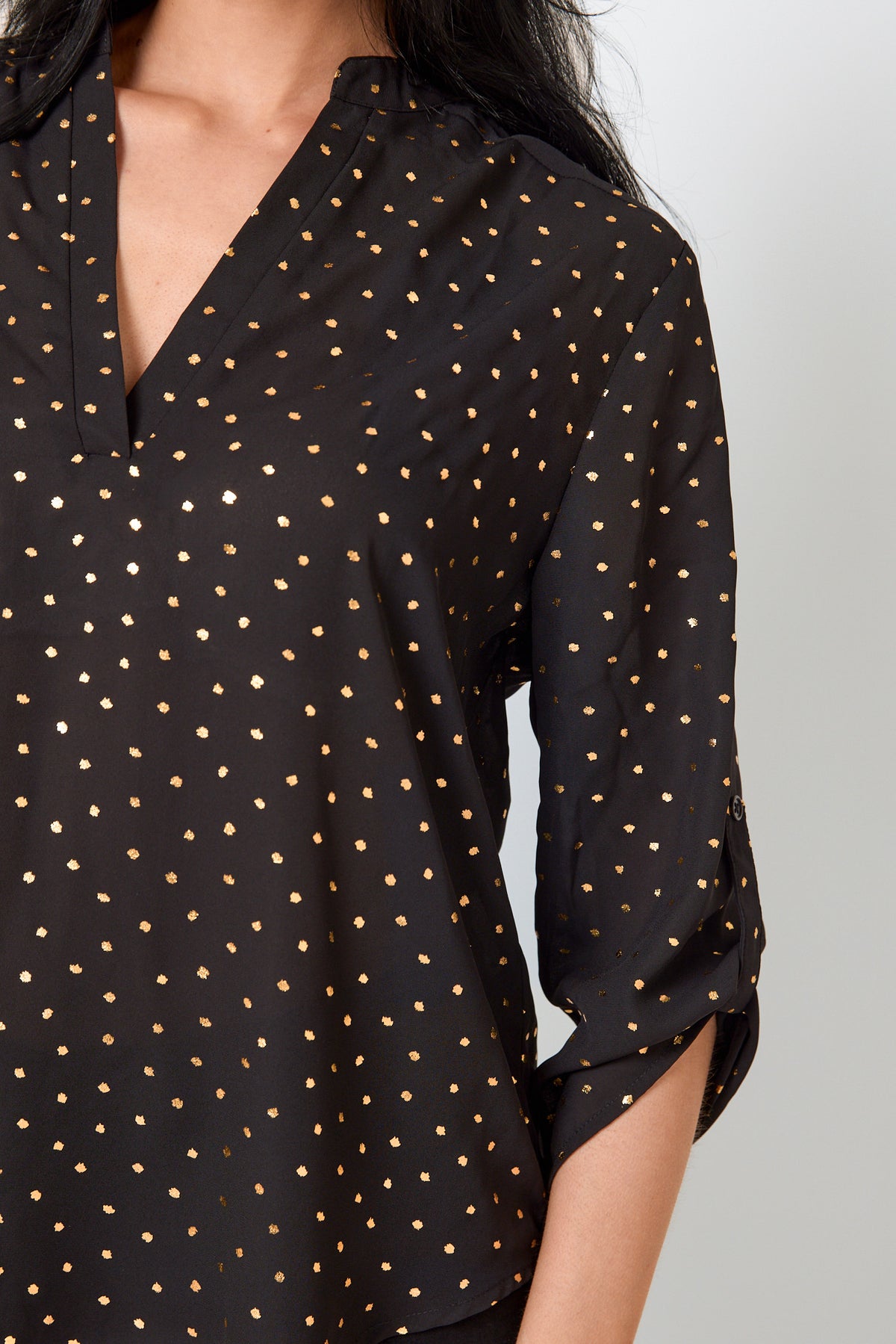 Metallic Polka Dot Roll-Up Sleeve Blouse