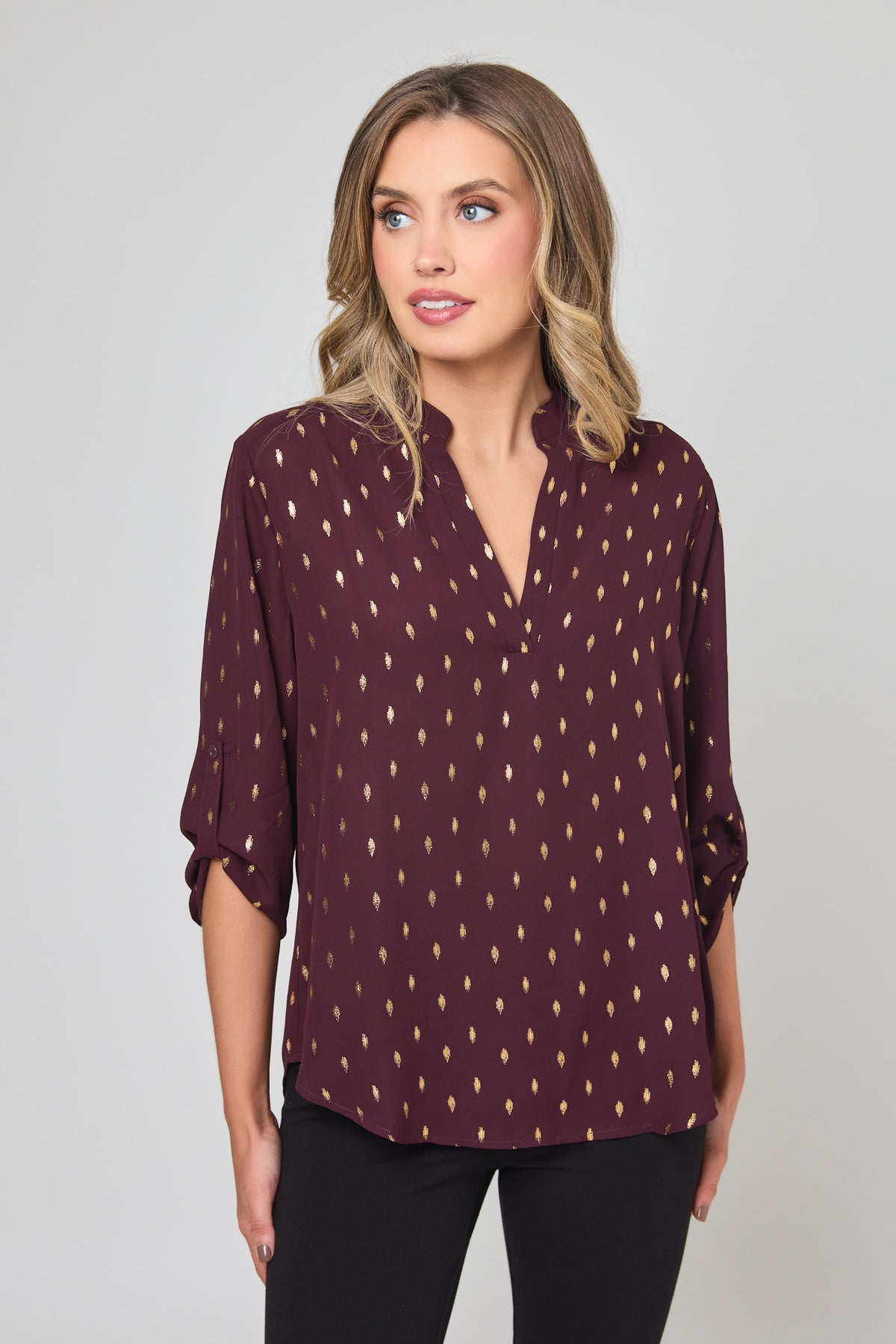 Metallic Oval Print Roll-Up Sleeve Blouse