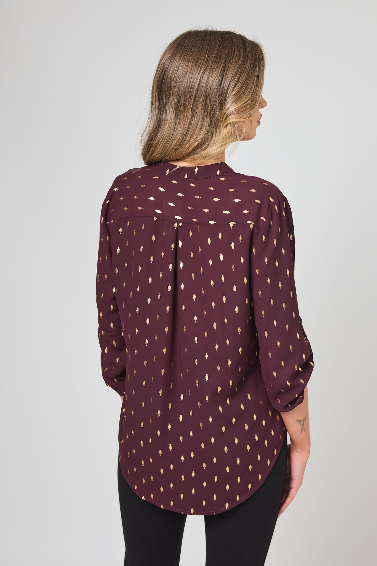 Metallic Oval Print Roll-Up Sleeve Blouse