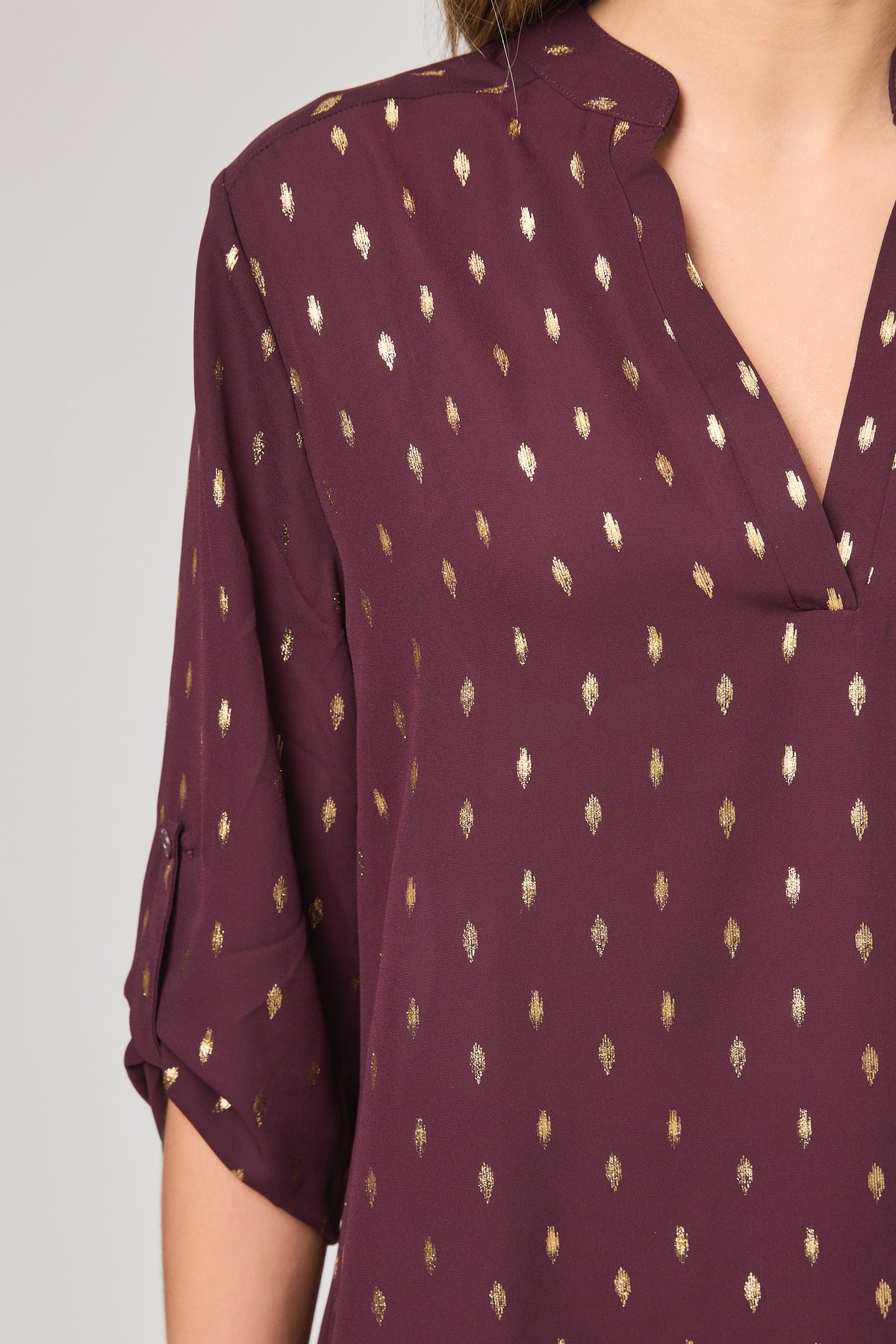 Metallic Oval Print Roll-Up Sleeve Blouse
