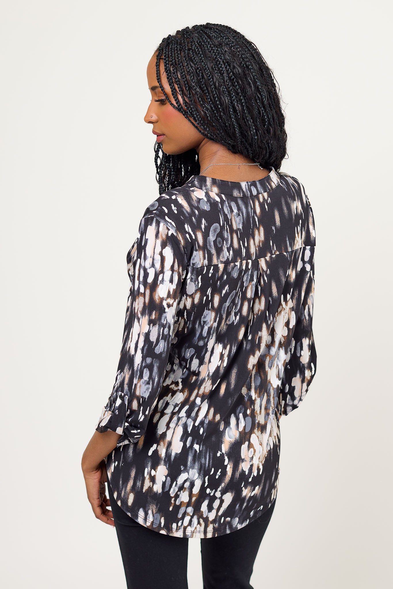 Puff Print Abstract ITY Roll-Tab Blouse