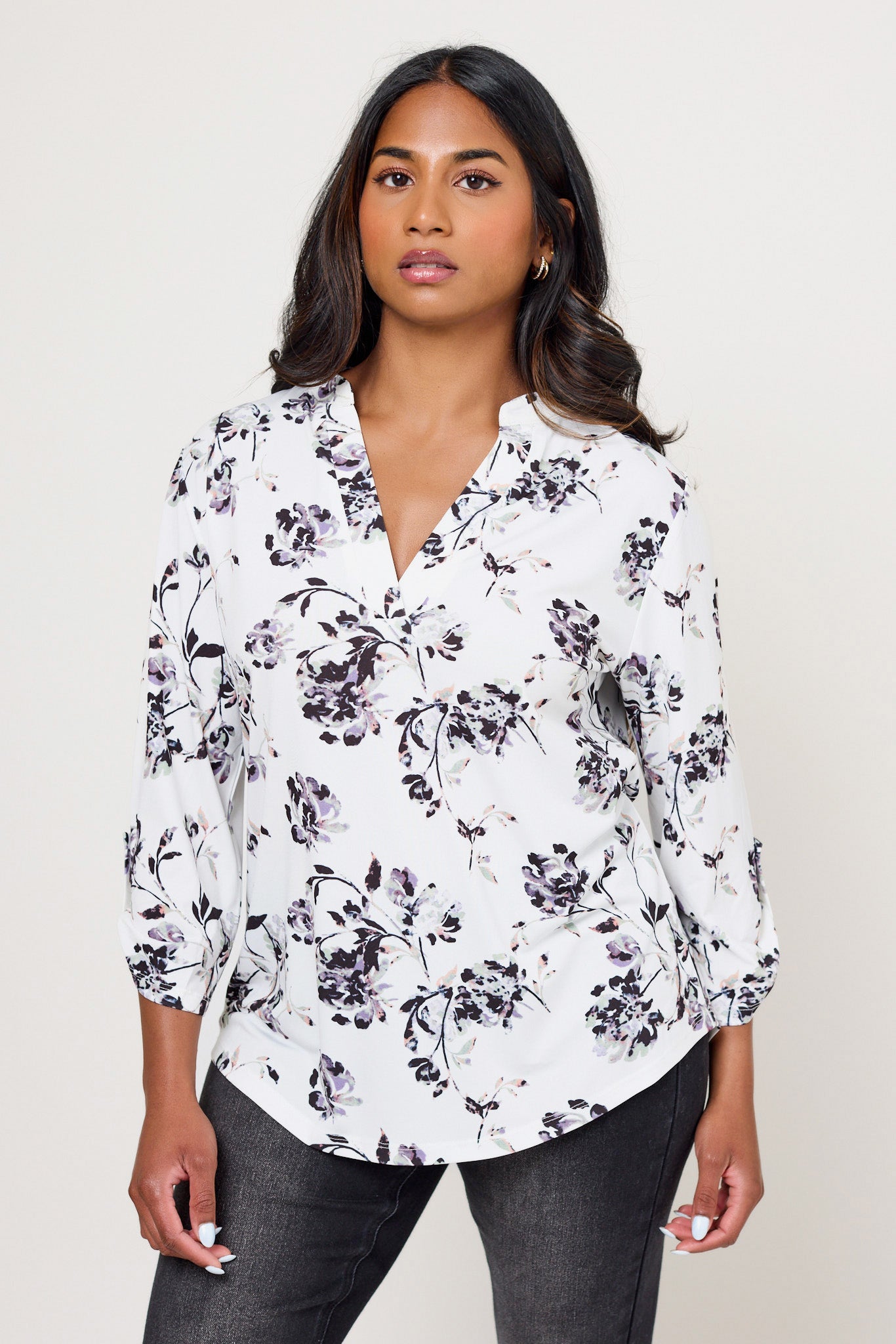 Floral Roll-Tab Blouse