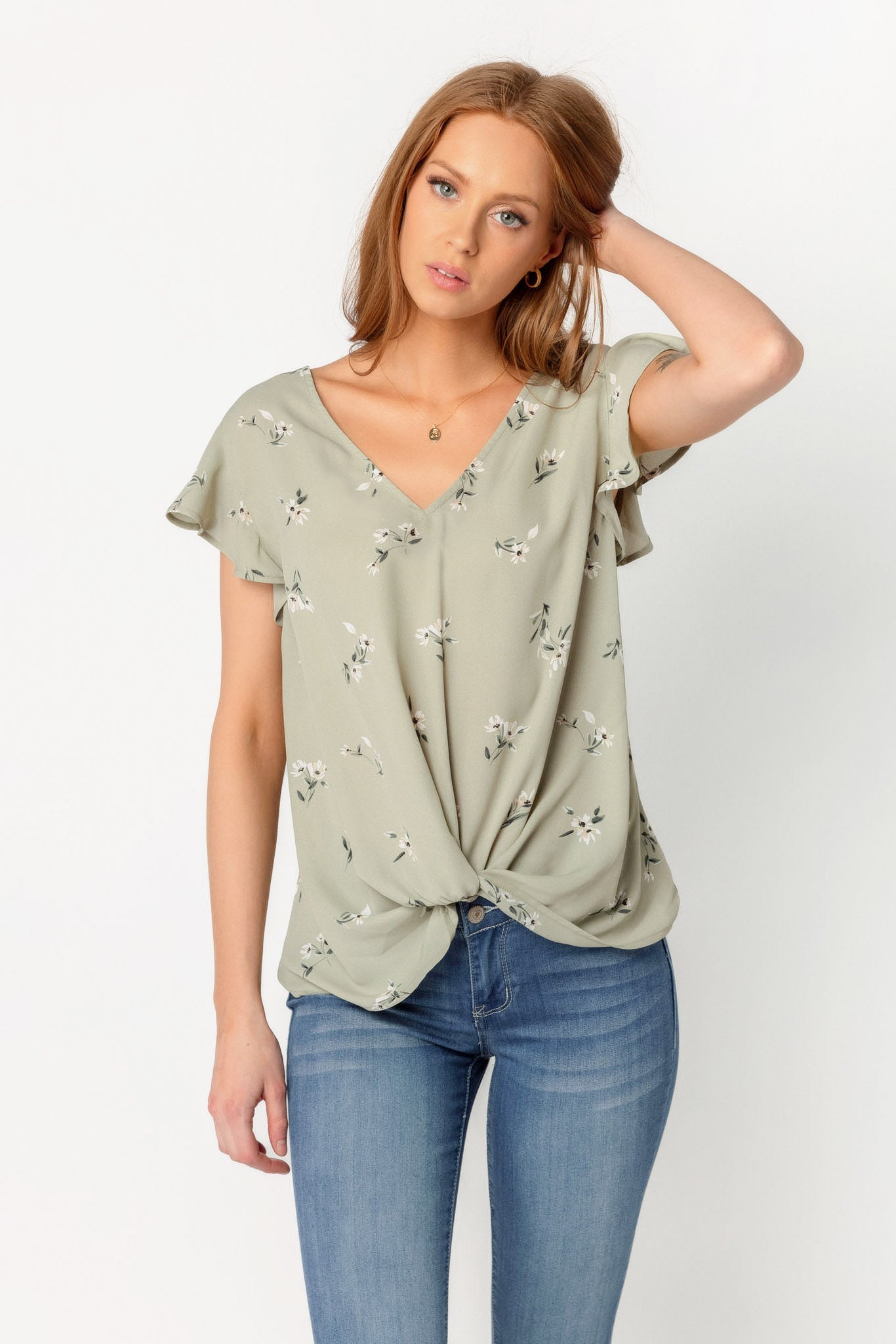 Ditsy Floral Blouse with Twisted Hem