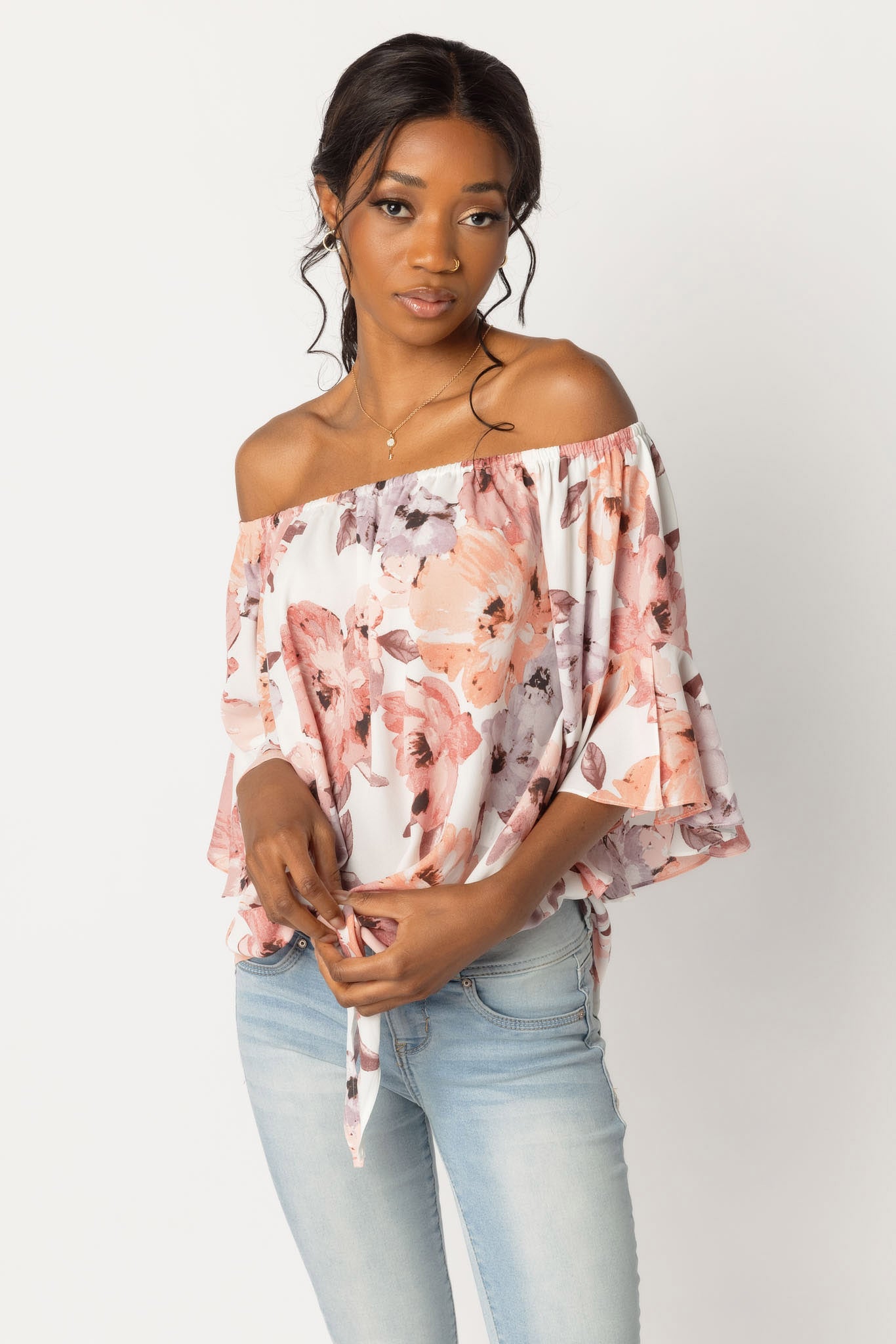 Pink Floral Off-The-Shoulder Blouse with Tie-Front