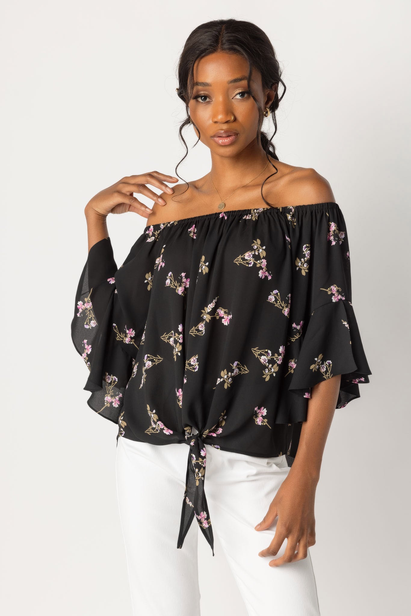 Violet Ditsy Off-The-Shoulder Blouse with Tie-Front