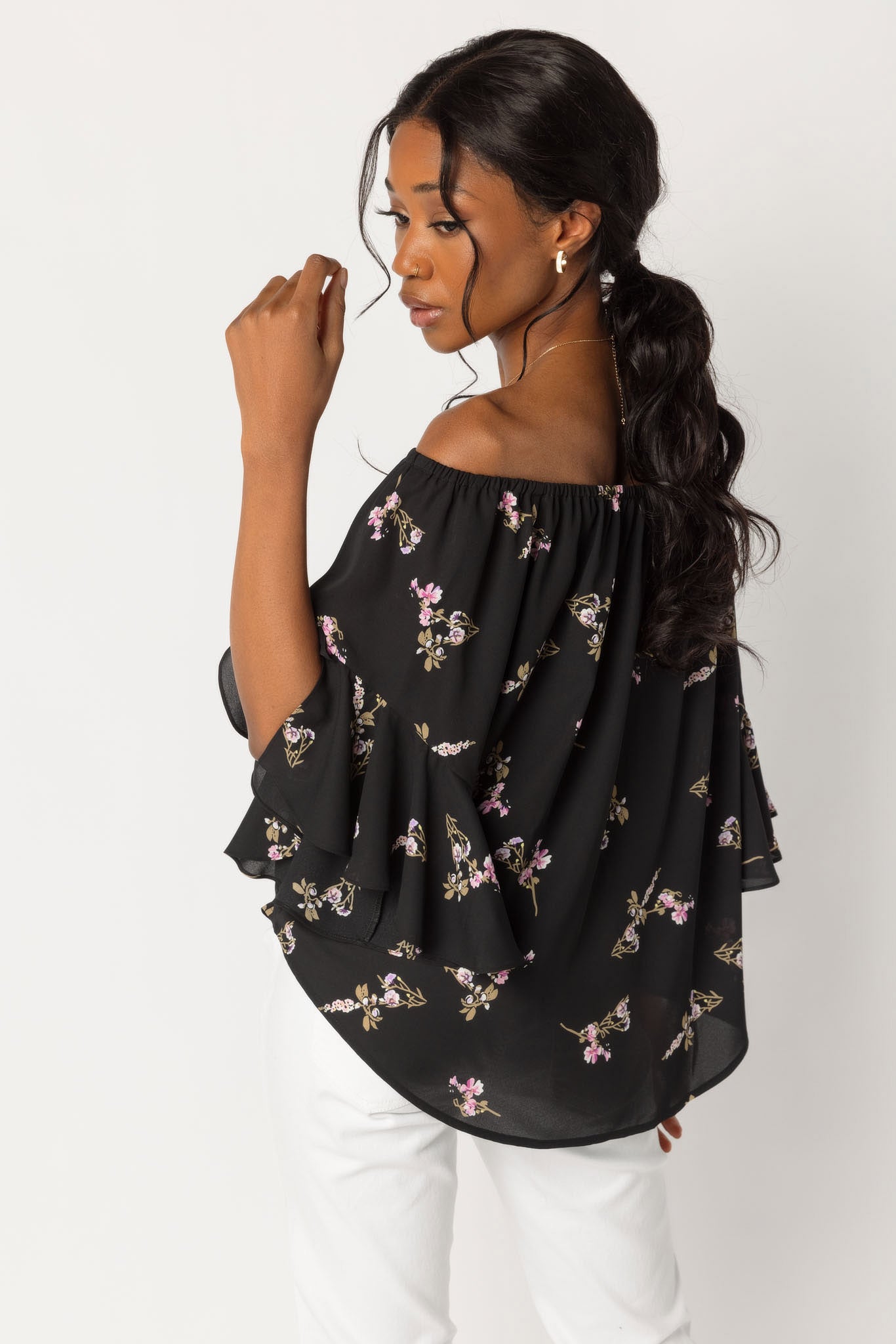 Violet Ditsy Off-The-Shoulder Blouse with Tie-Front