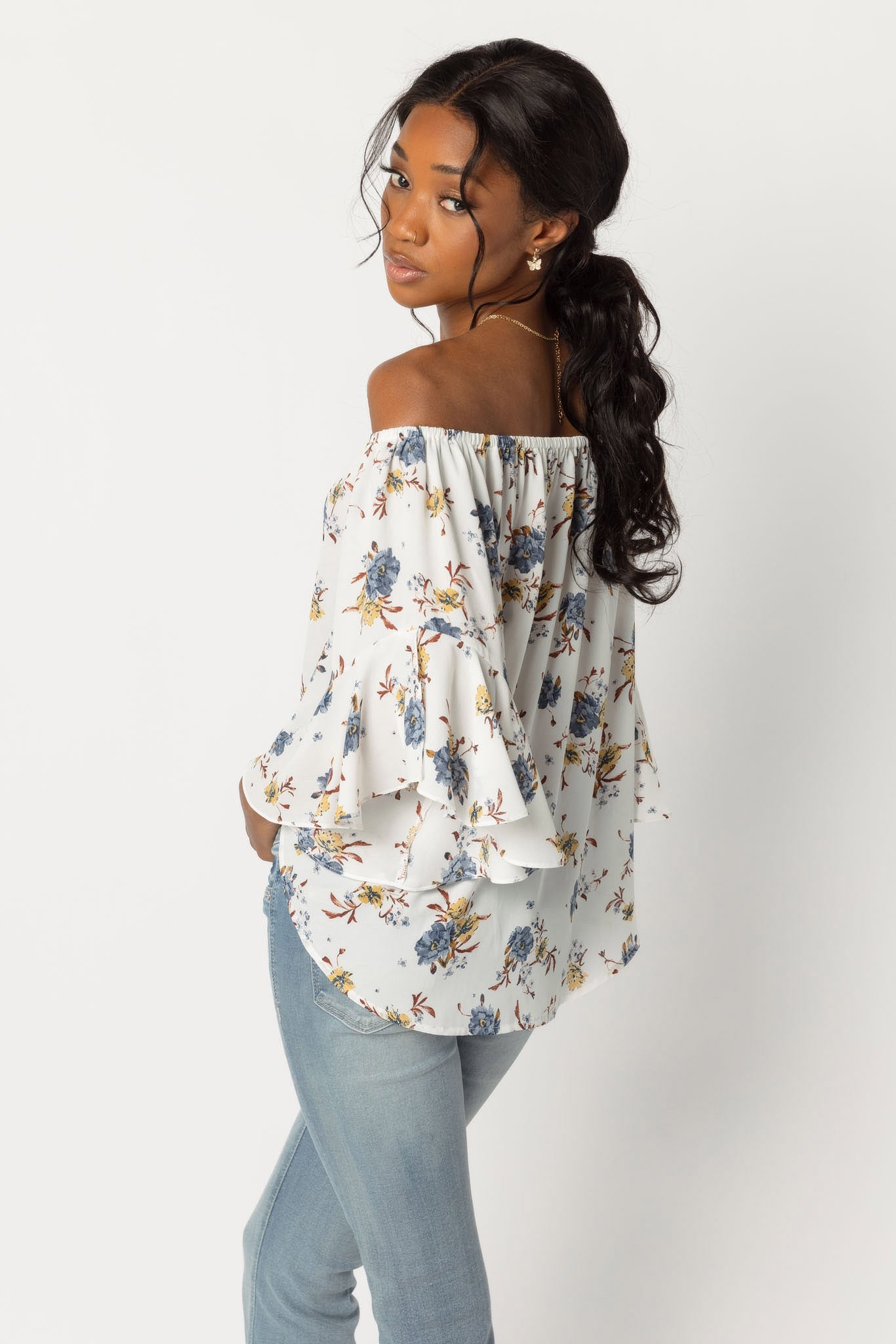 Blue &amp; Gold Floral Off-The-Shoulder Blouse with Tie-Front