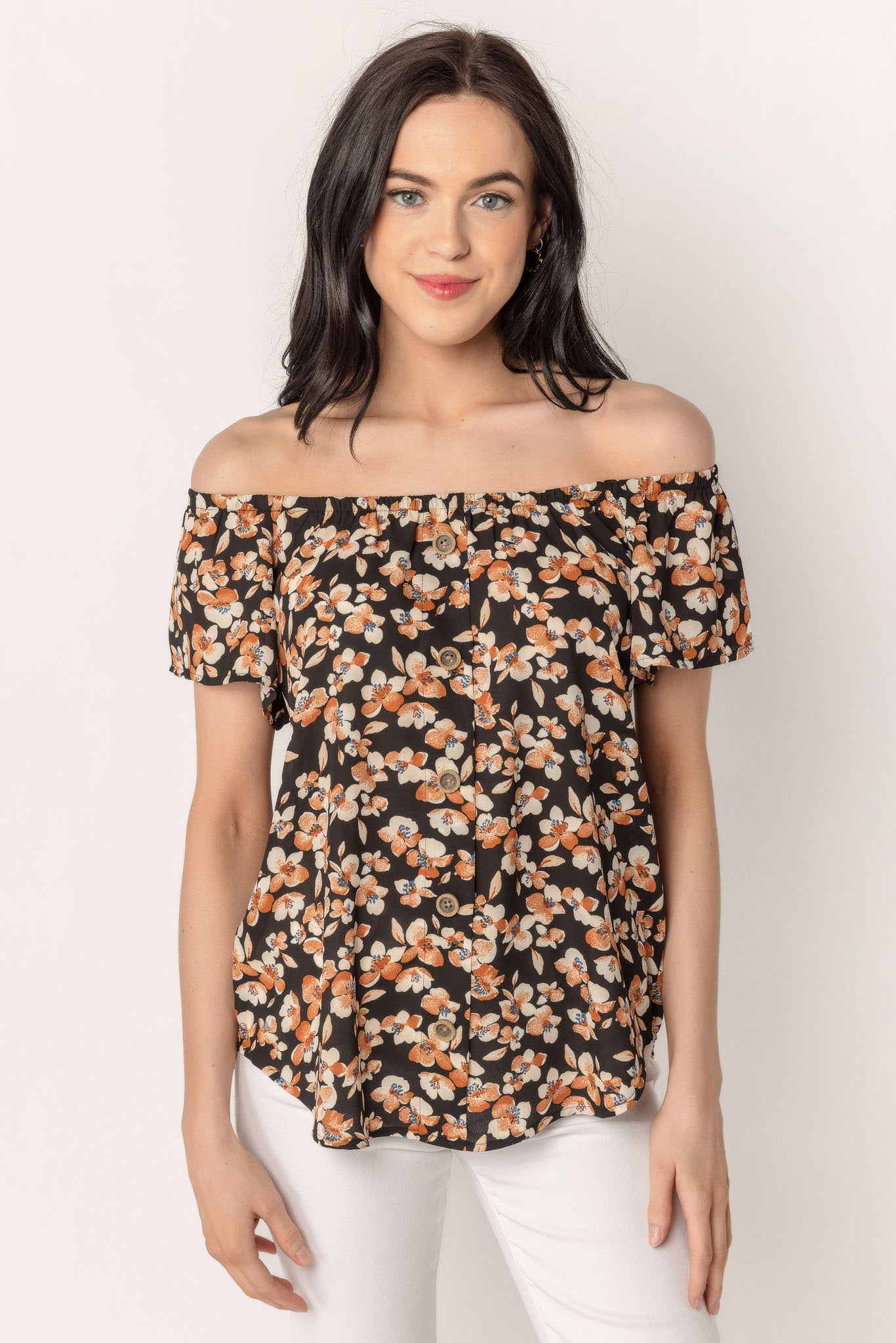 Floral Off-The-Shoulder Blouse with Buttons