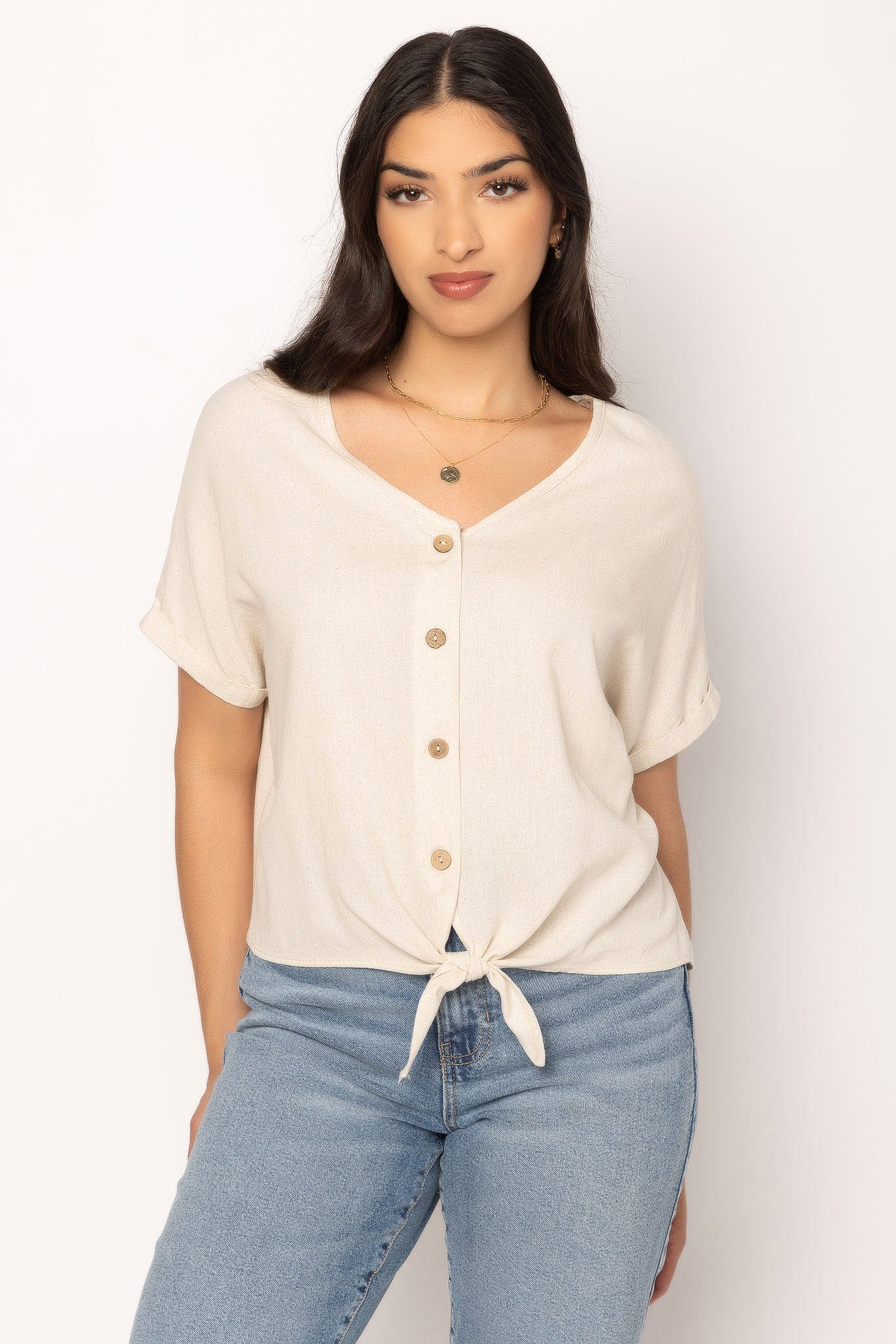 Linen Blend Tie-Front Shirt