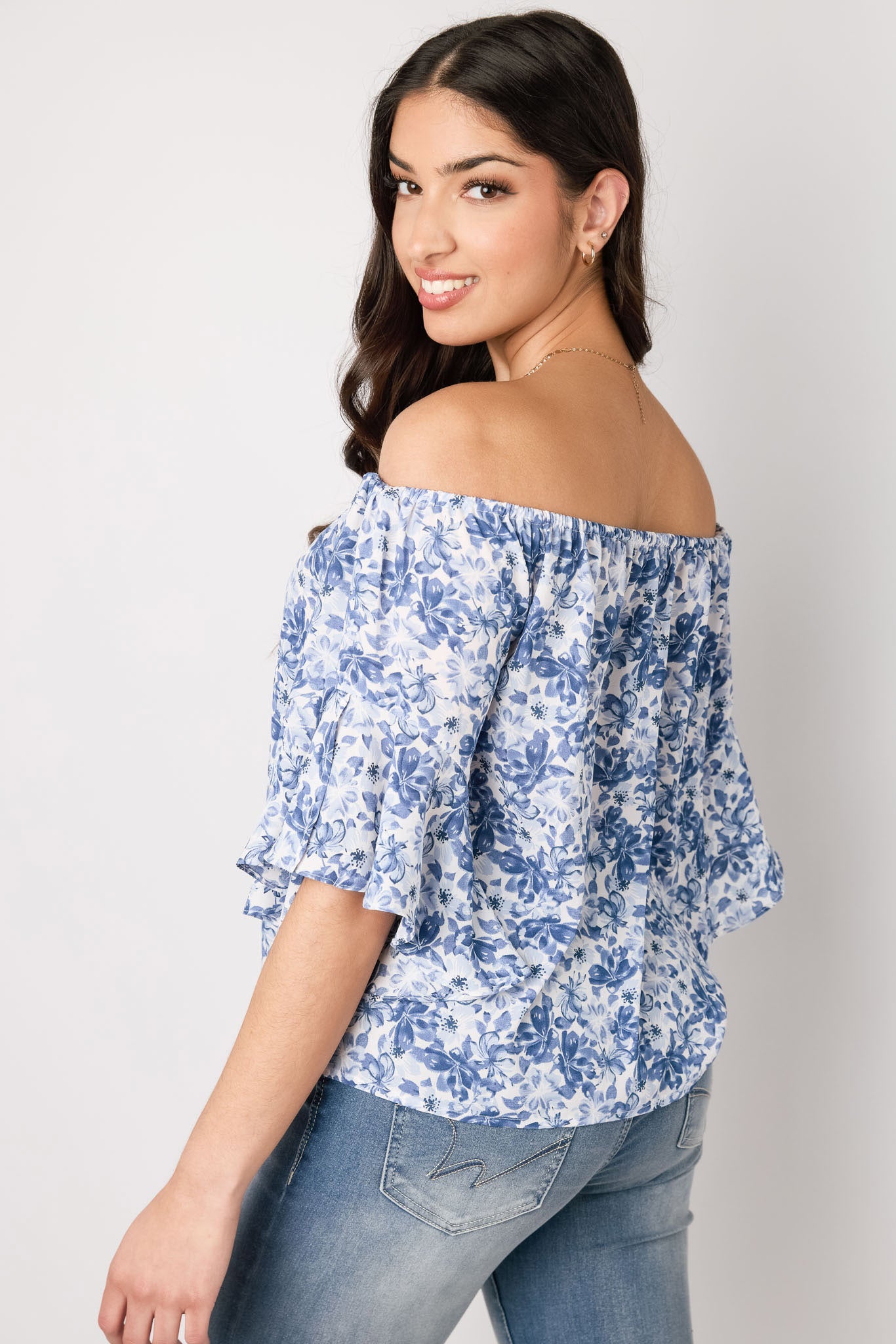 Ditsy-Floral Bell-Sleeve Off-The-Shoulder Blouse