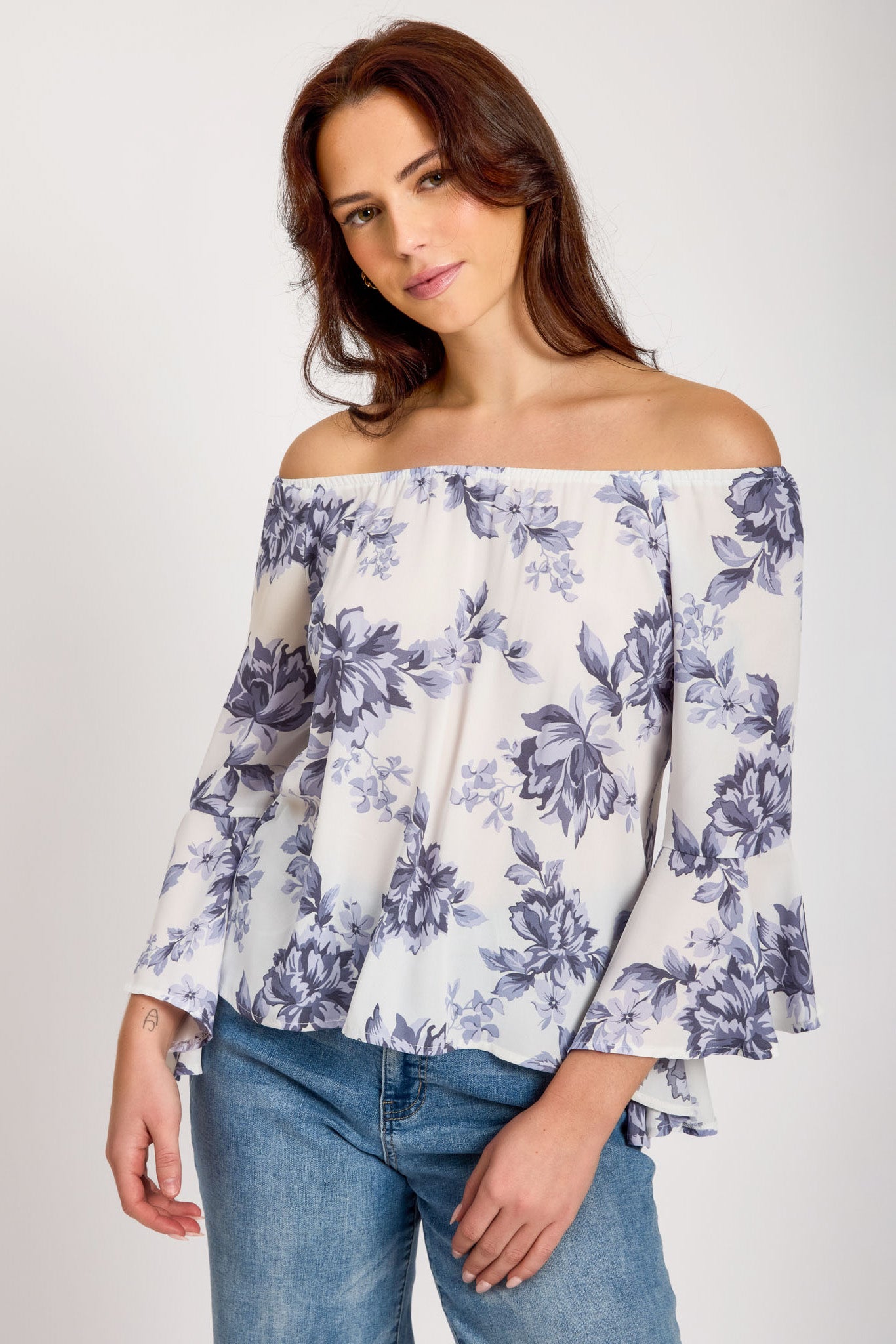 Floral Bell-Sleeve Off-The-Shoulder Blouse