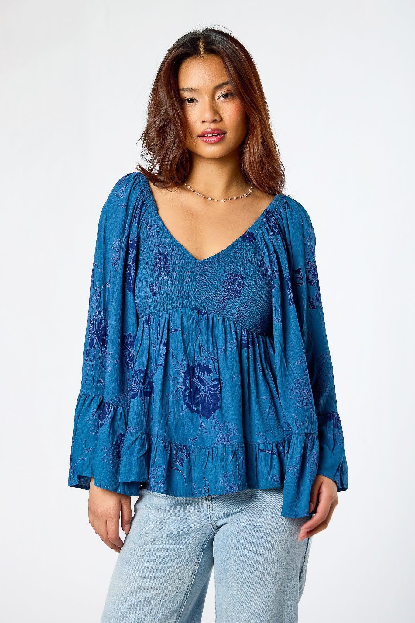 Floral Smocked V-Neck Bell-Sleeve Babydoll Top – Eclipse
