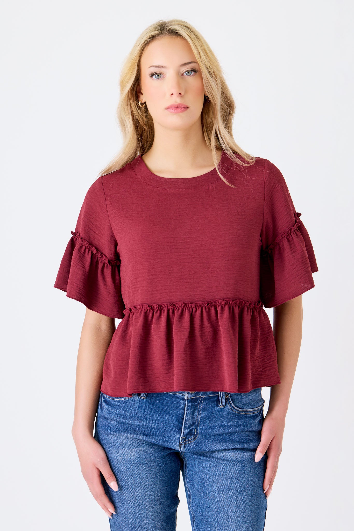 Airflow Crew-Neck Short-Sleeve Ruffle Peplum Top
